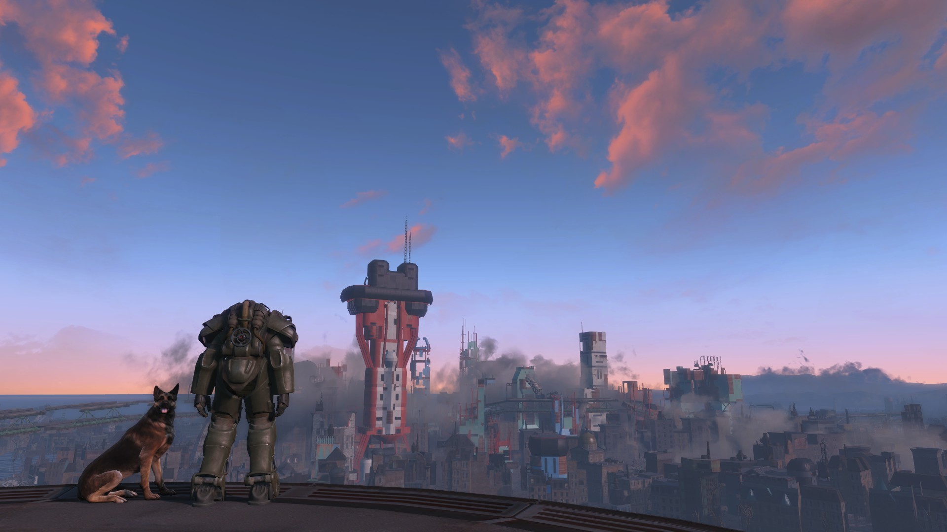 Fallout 4, Armatura atomica, Dogmeat, Diamond City, Tramonto, 1920x1080, sfondo per PC