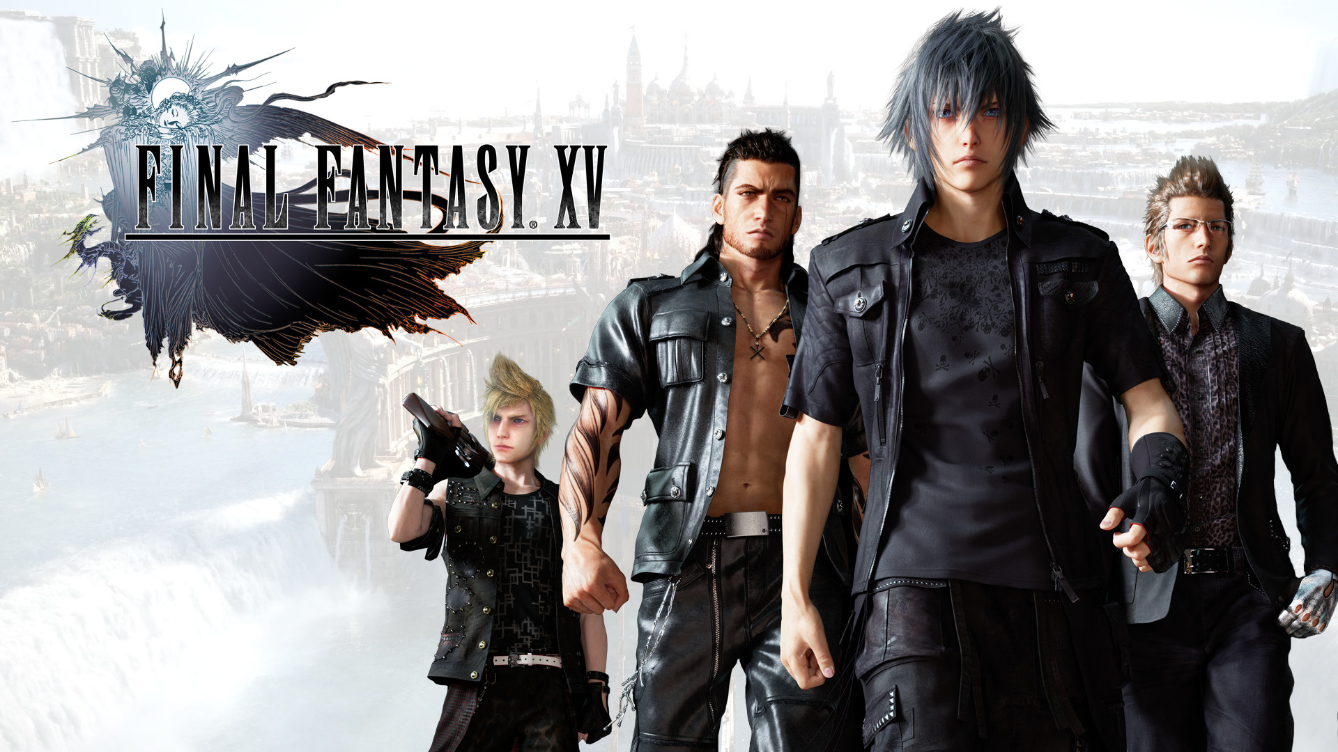 Noctis Lucis Caelum, Gladiolus Amicitia, Prompto Argentum, Ignis Scientia, Final Fantasy XV, Logo, wallpaper Full HD