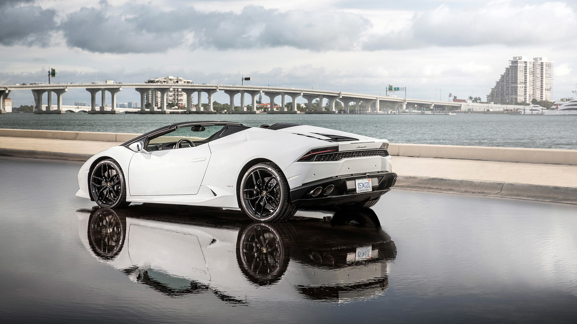 Lamborghini Huracán LP 610-4 Spyder, Bianco, Riflesso, Miami, Full HD, sfondo per portatile
