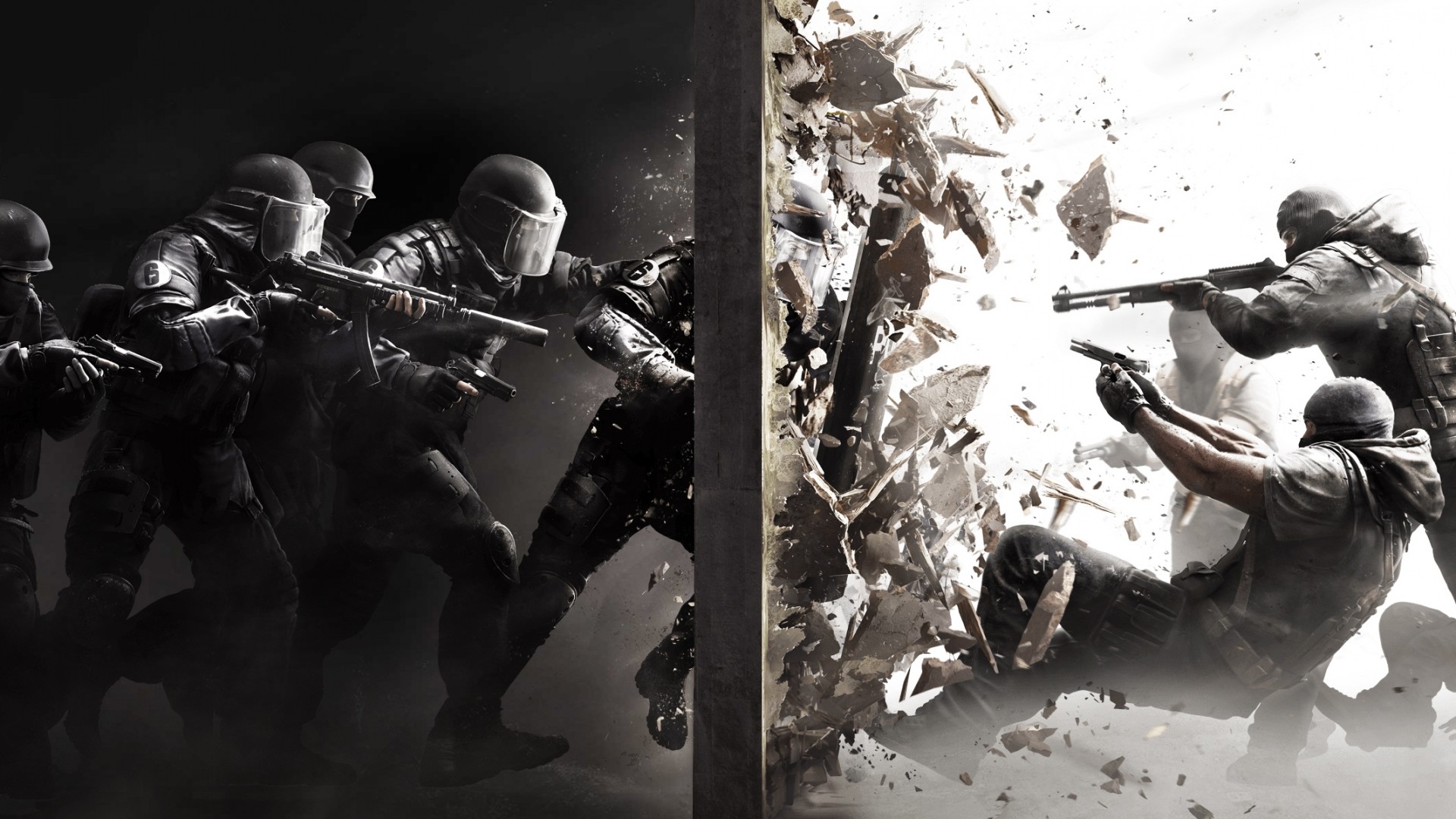 Rainbow Six Siege, Breccia nel muro, Operatori, Bianco e nero, 1920x1080, sfondo per PC