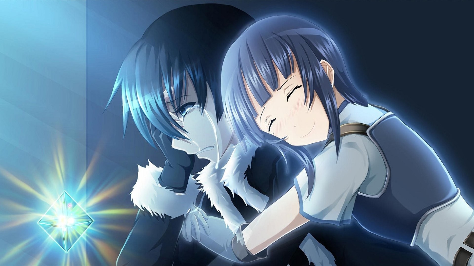 Kirito, Sachi, Sword Art Online, Abbraccio, Blu, Full HD, sfondo Windows 11