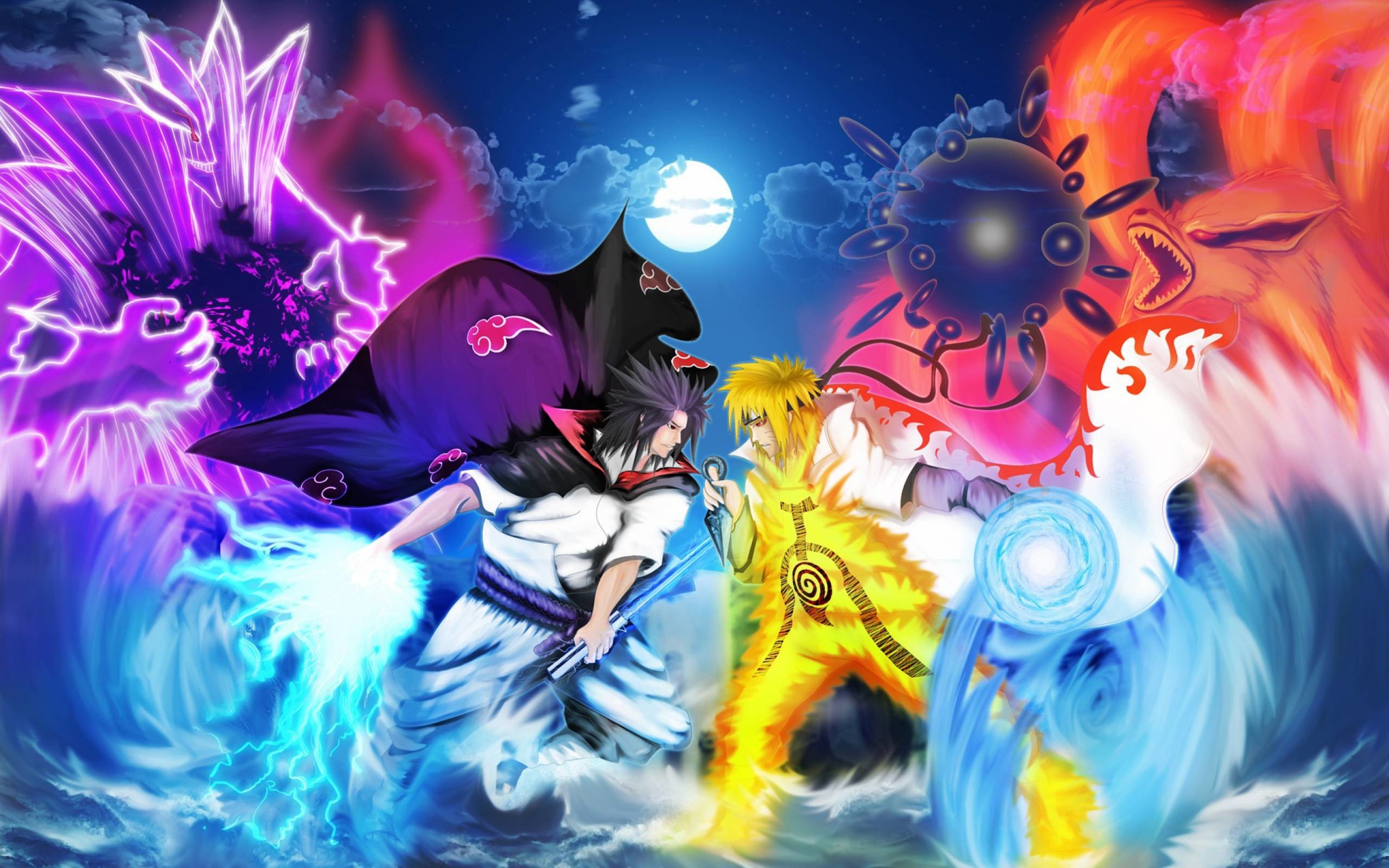 Sasuke Uchiha, Naruto Uzumaki, Susanoo, Kurama, Combattimento, 2K, sfondo per portatile