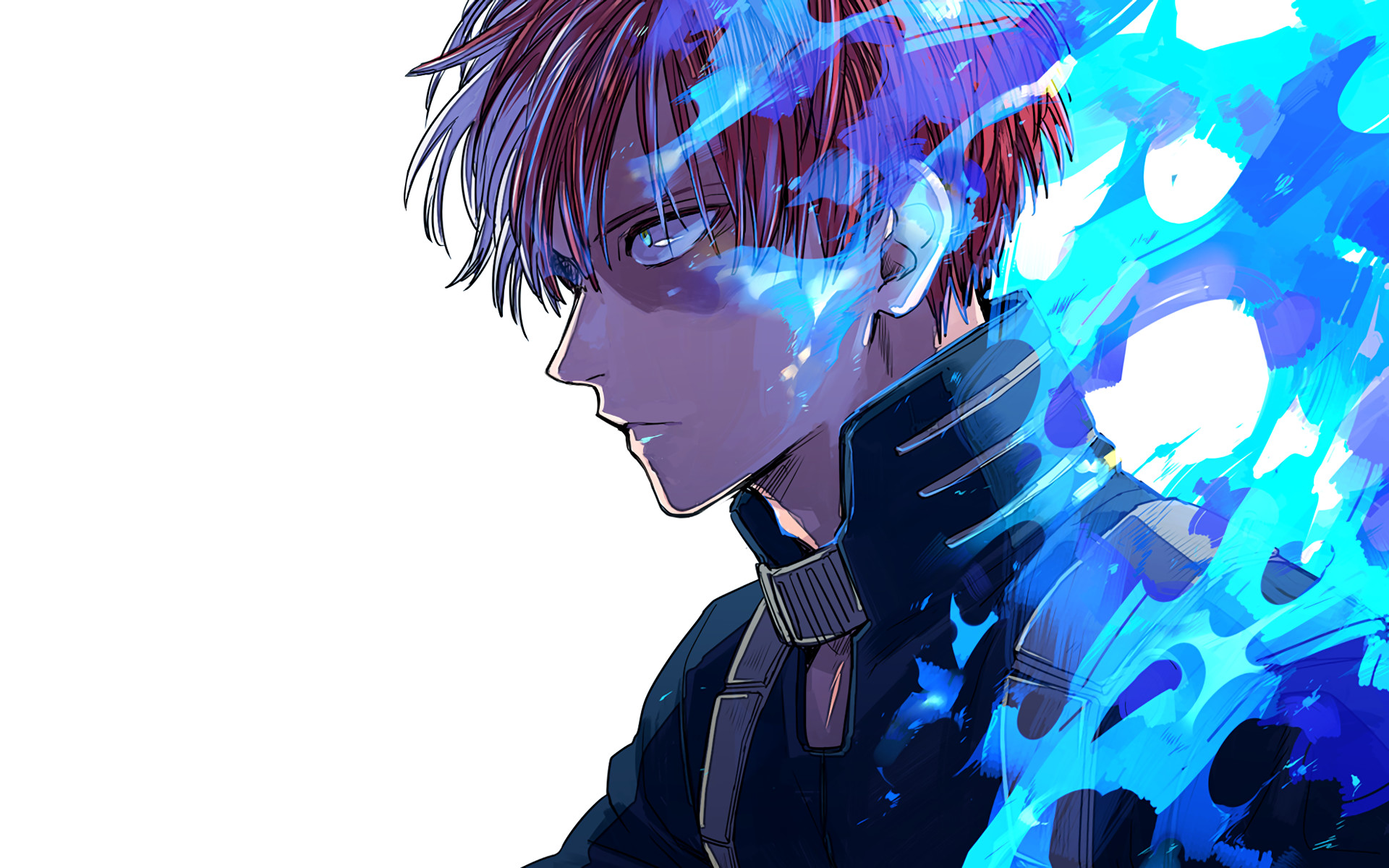 Shoto Todoroki, My Hero Academia, Fiamme blu, Profilo, Sfondo bianco, wallpaper per portatile