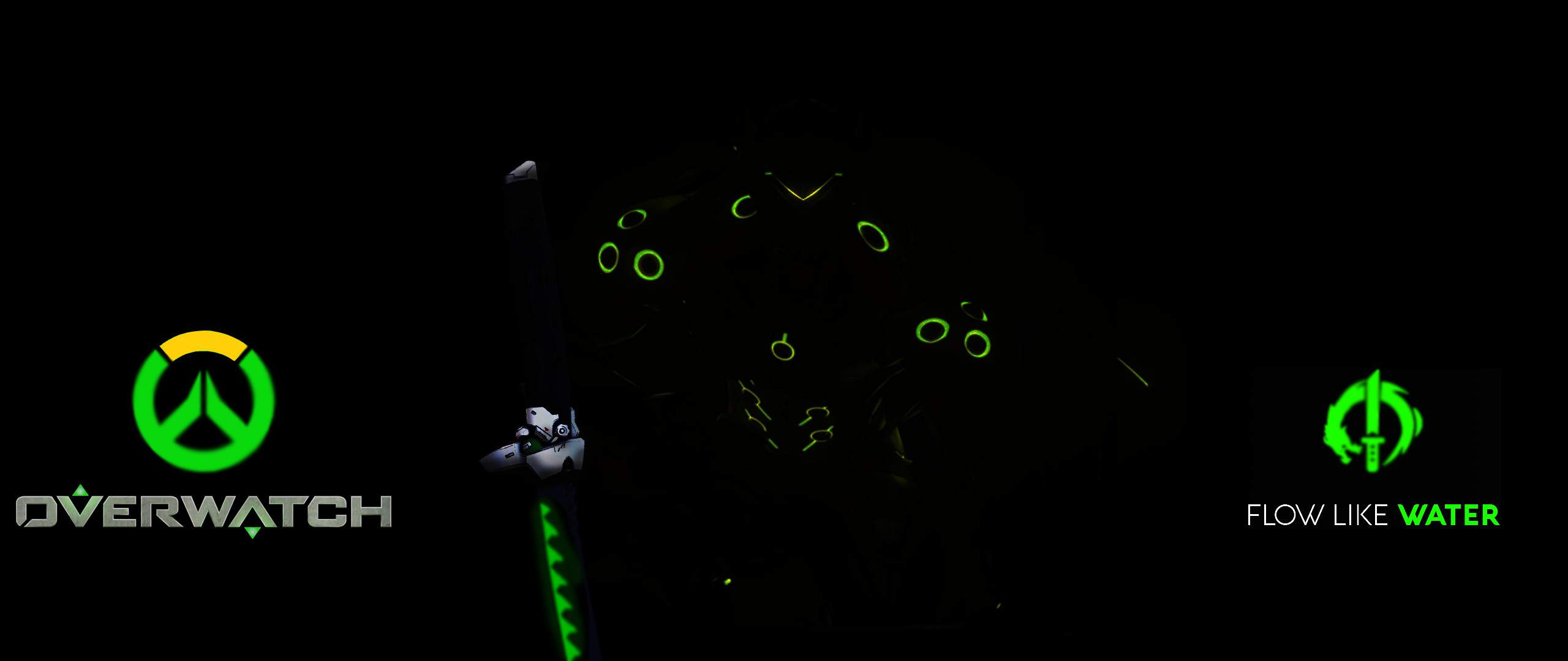 Genji, Overwatch, Flow Like Water, Logo, Sfondo nero, 21:9 Full HD, wallpaper widescreen