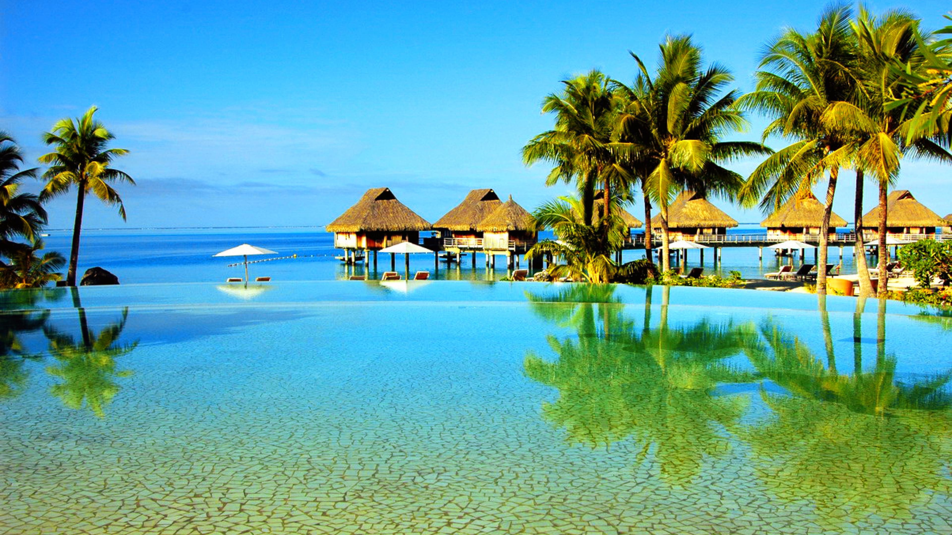 Bungalow sull'acqua, Bora Bora, Polinesia francese, Palme, Laguna, wallpaper Windows 11