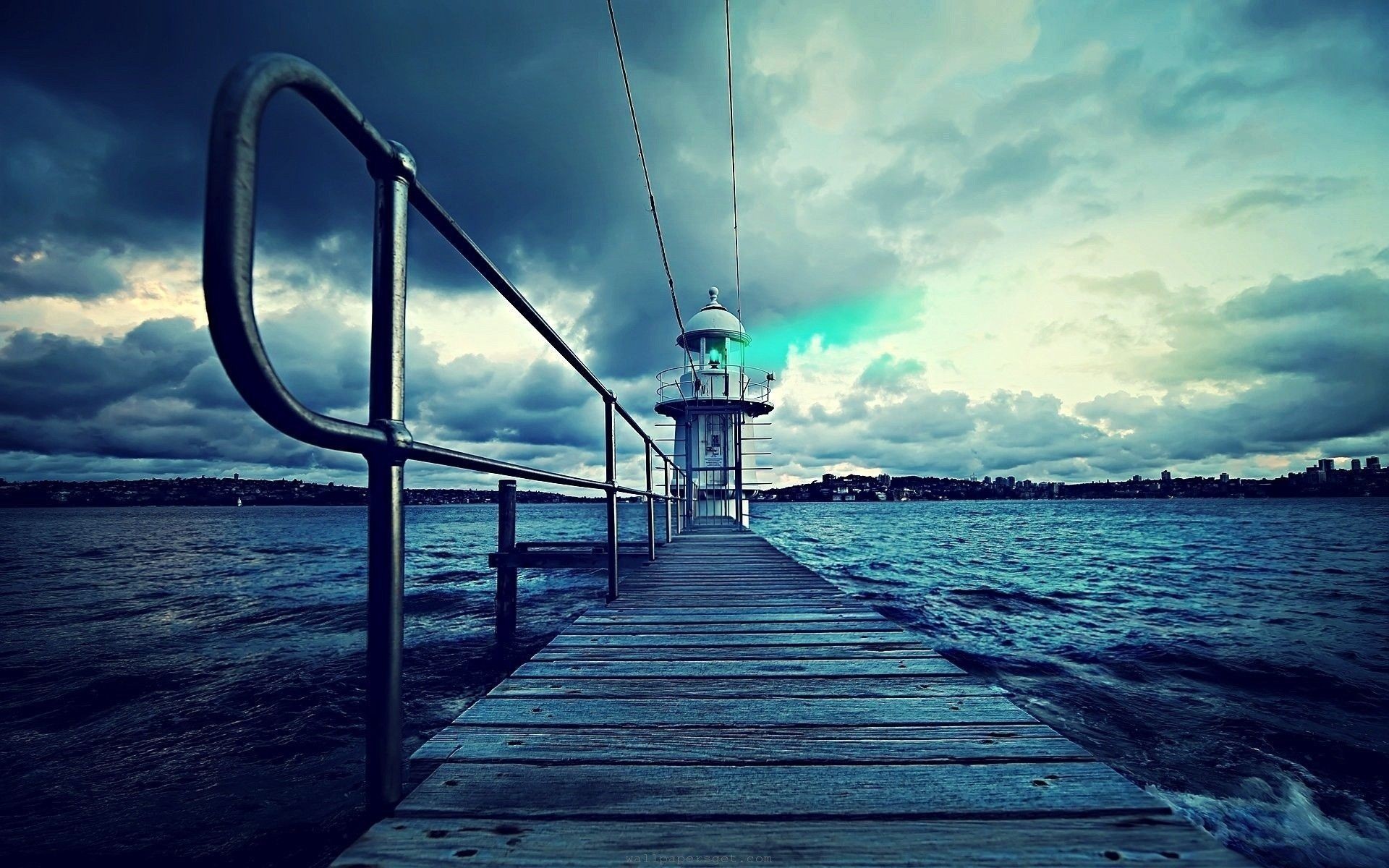 Pontile, Faro, Cielo nuvoloso, Mare, sfondo per il tuo cellulare