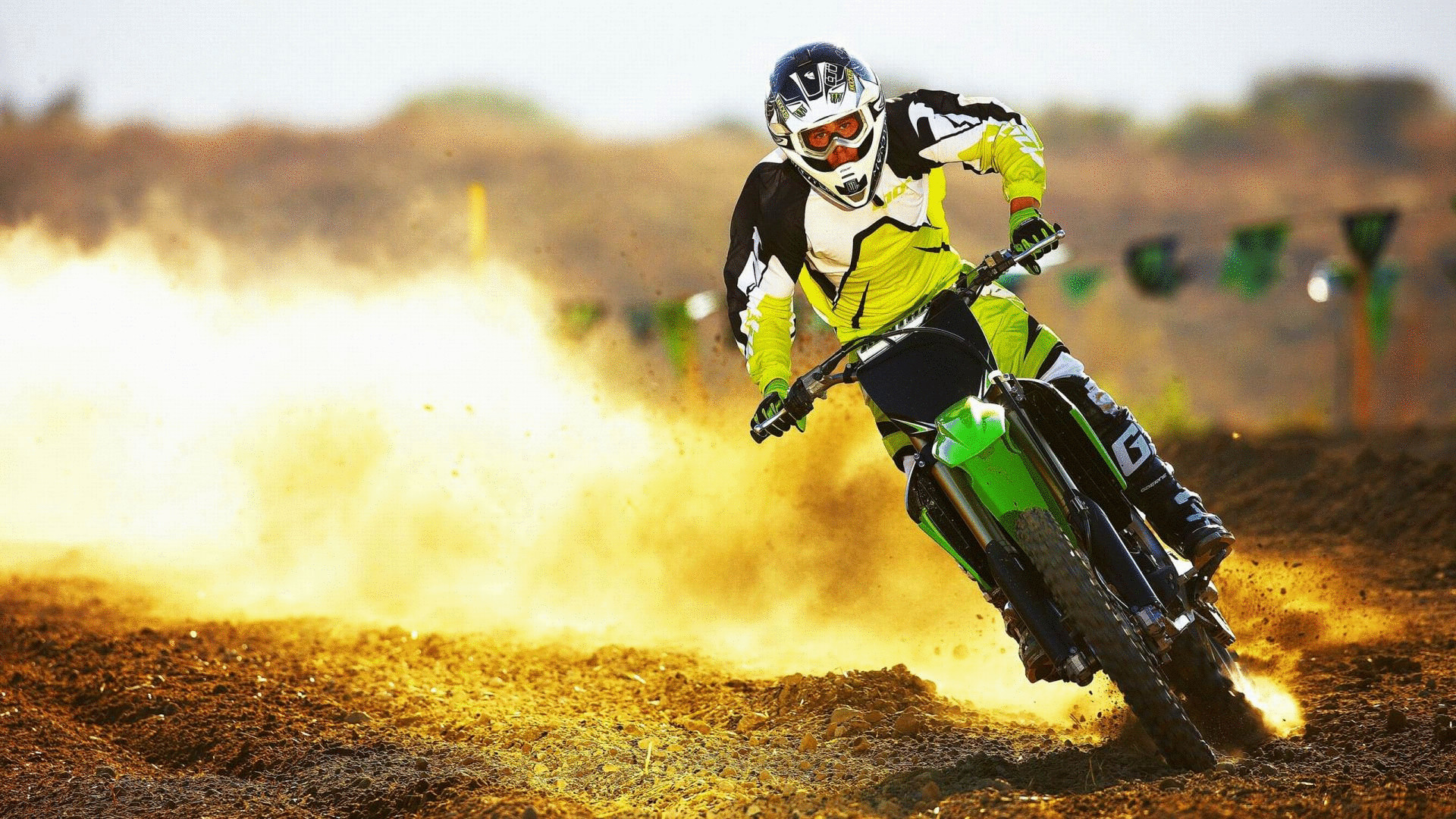 Kawasaki, Motocross, Pilota, Polvere, 16:9 Full HD, sfondo widescreen