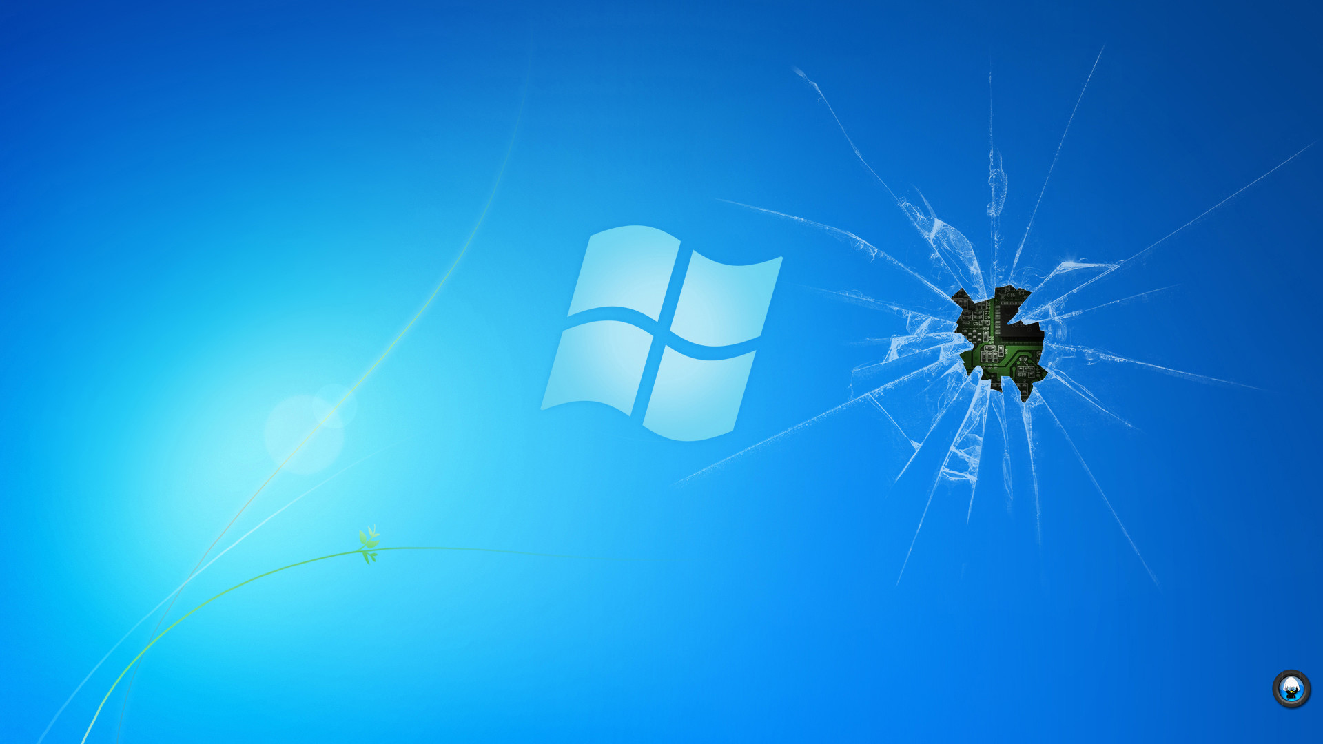 Windows 7, Logo Windows, Vetro rotto, Sfondo blu, 1920x1080, wallpaper desktop