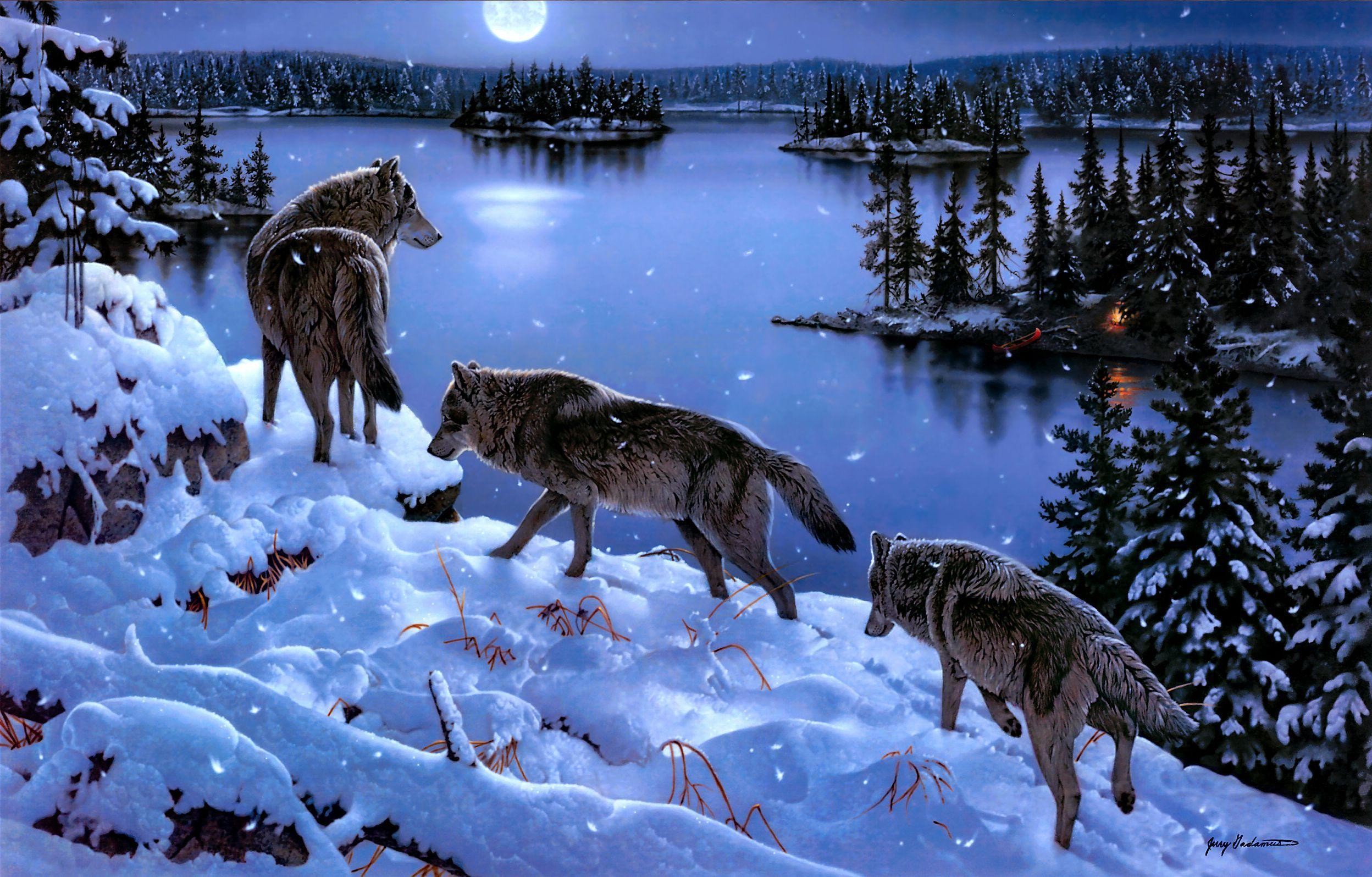 Lupi, Lago, Notte, Luna, Pittura, sfondo per il tuo desktop