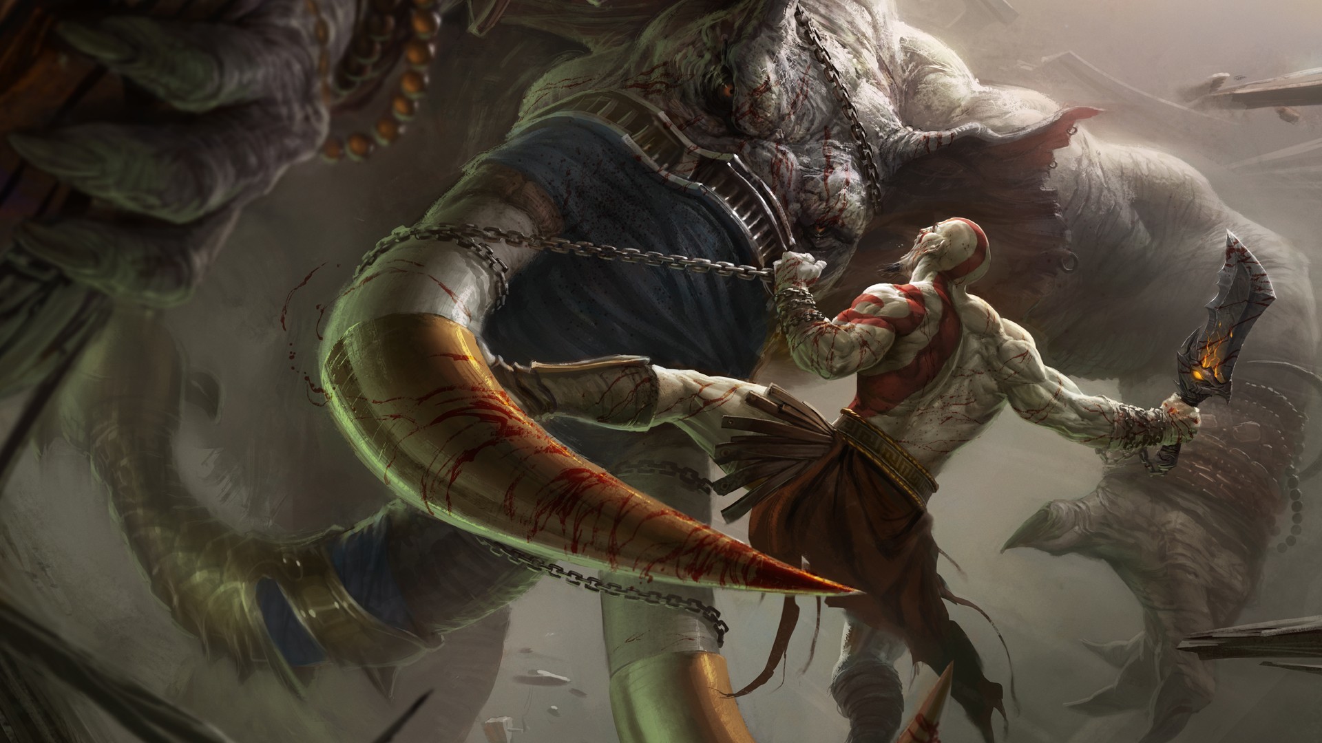 Kratos, God of War III, Titano, Lame del Caos, Combattimento, Full HD, sfondo per PC