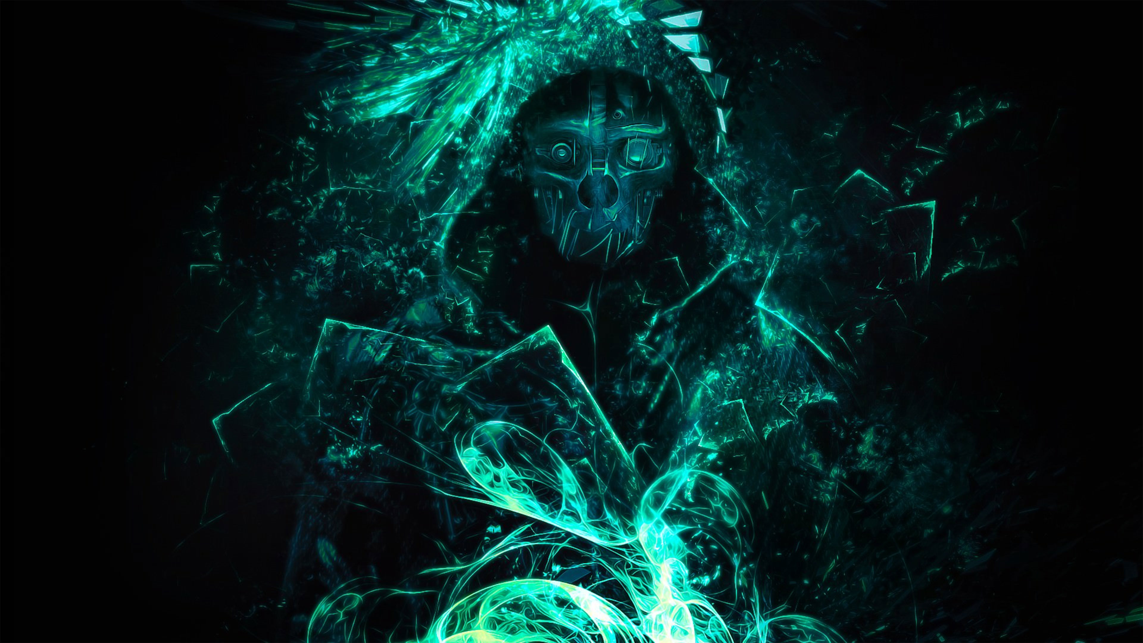 Arte digitale, Maschera, Verde acqua, Sfondo nero, wallpaper per desktop