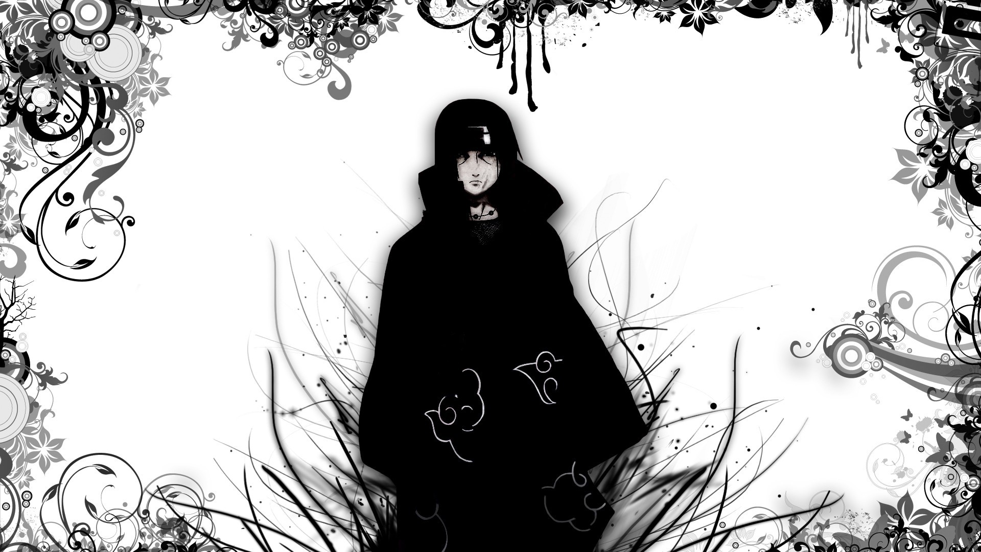 Itachi Uchiha, Akatsuki, Decorazioni floreali, Sfondo bianco, Full HD, wallpaper desktop
