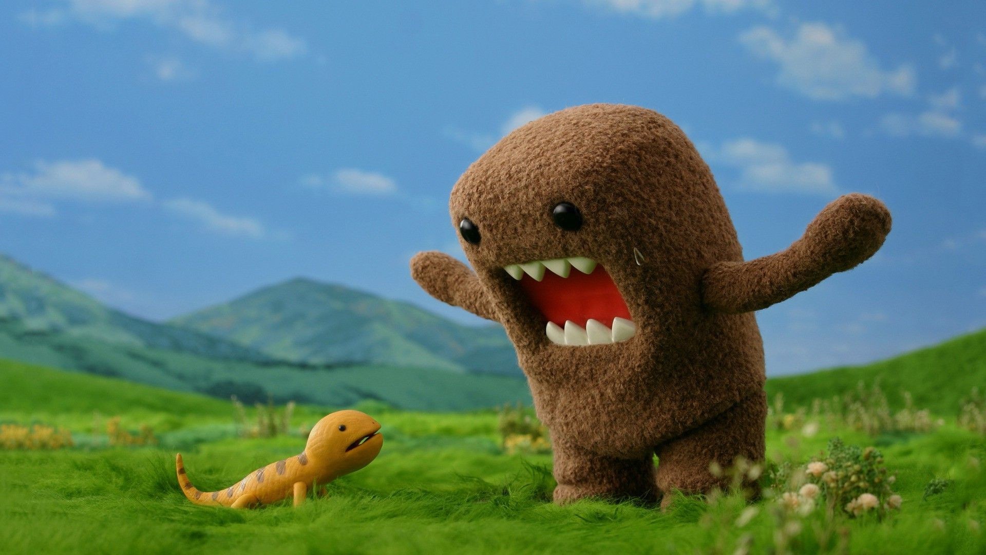 Domo-kun, Peluche, Prato, Colline, Full HD, sfondo per PC