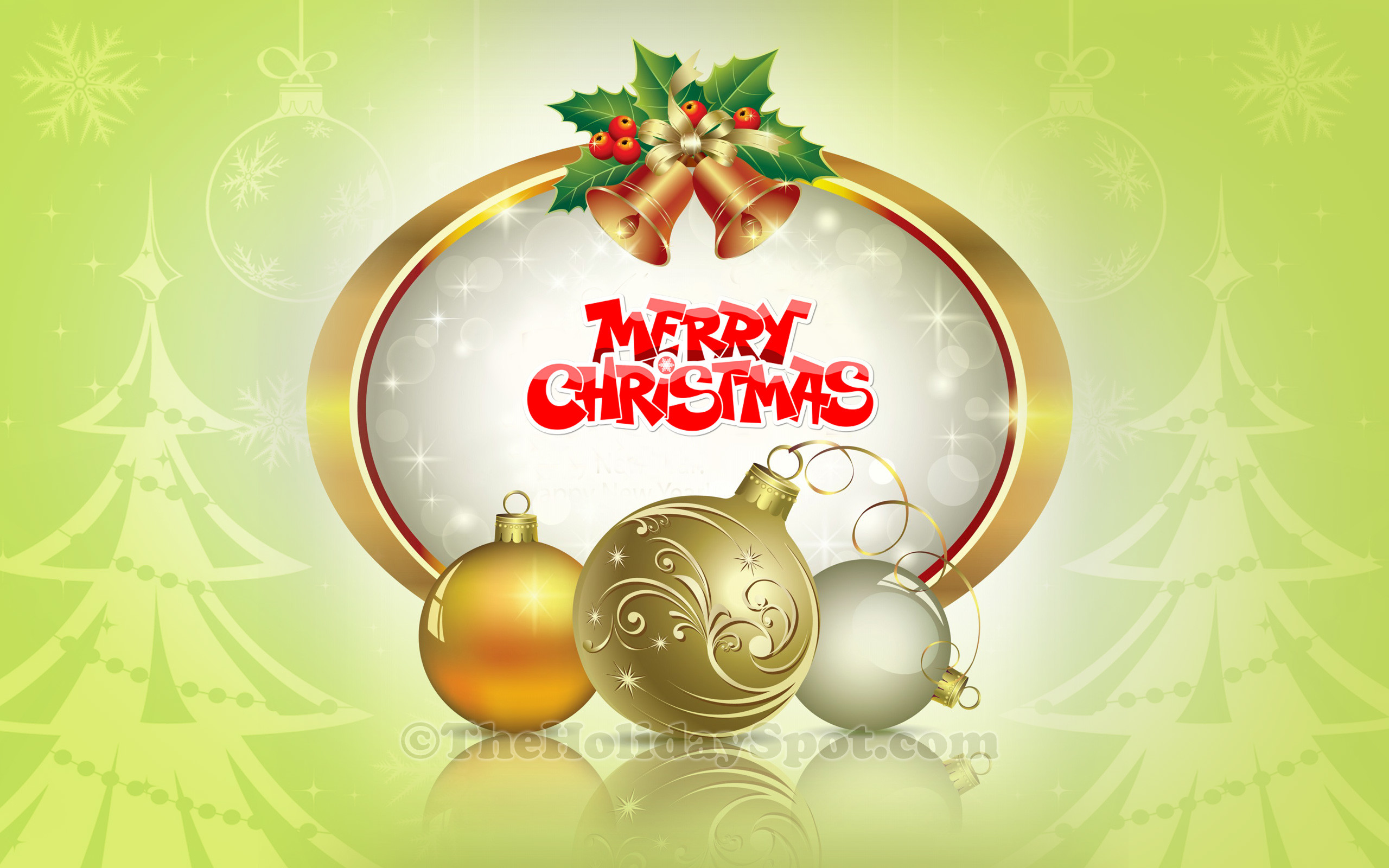 Merry Christmas, Campanelle, Palline dorate, Agrifoglio, Verde chiaro, sfondo desktop 1600p