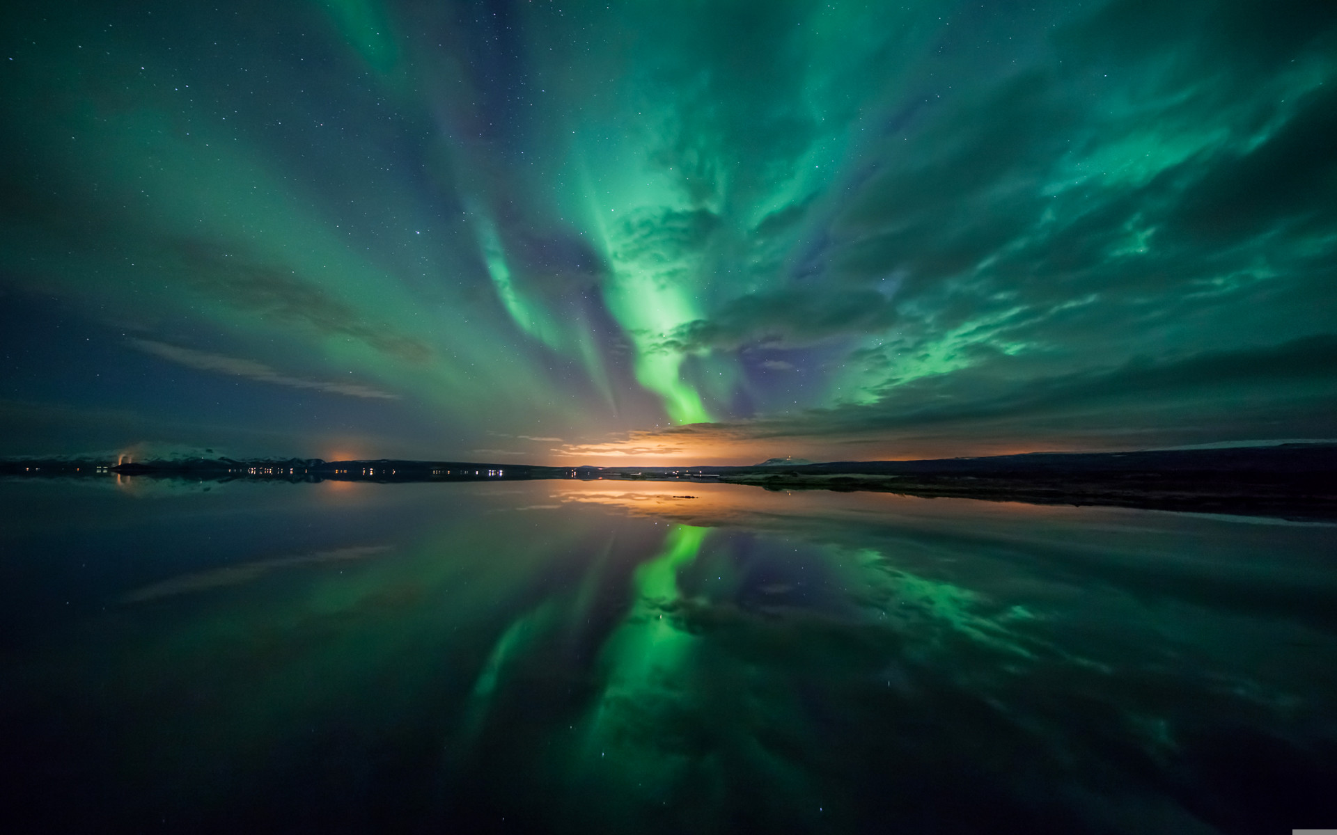 Aurora boreale, Riflesso, Lago, Notte, 16:10 Full HD, sfondo widescreen