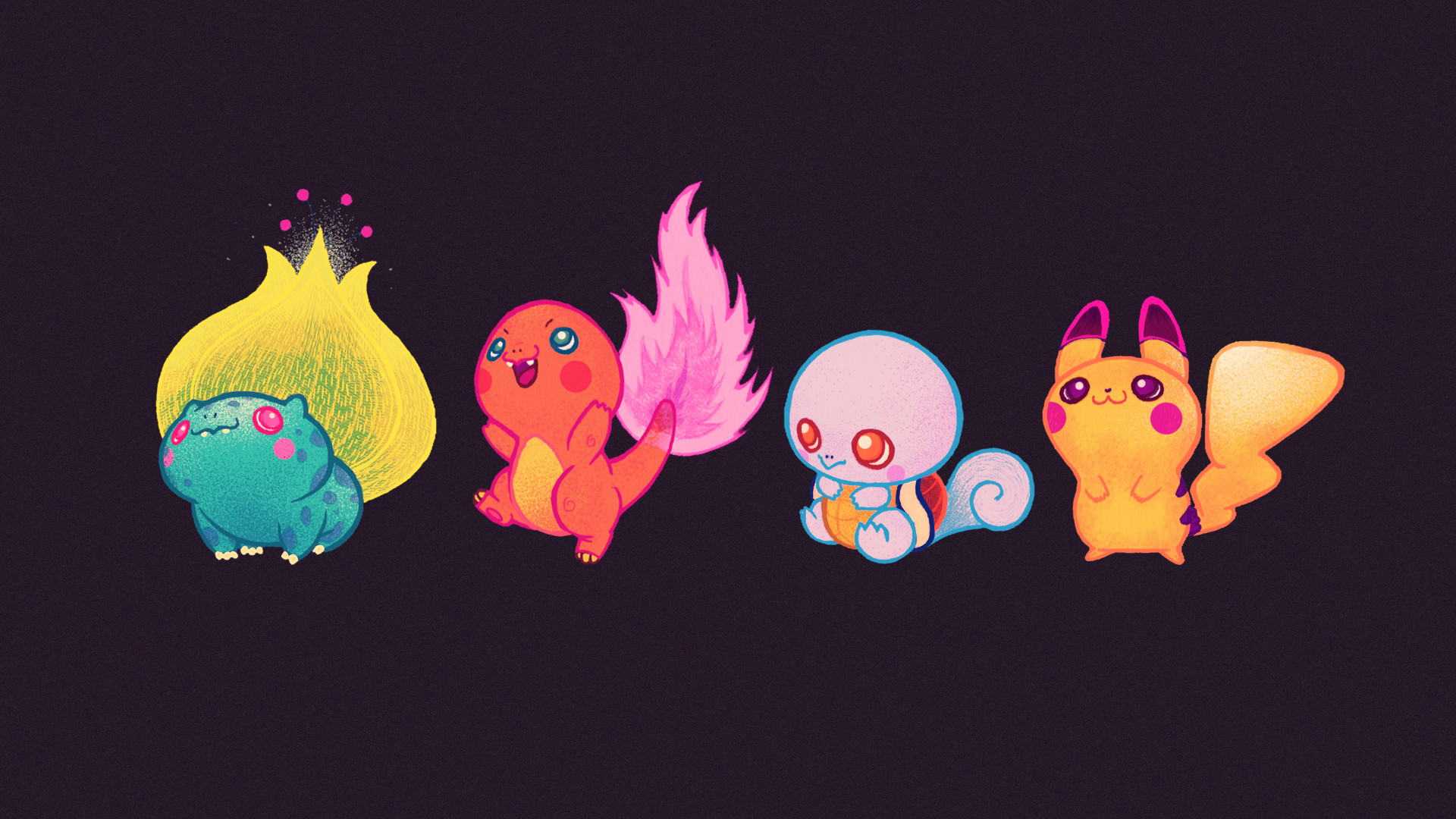 Bulbasaur, Charmander, Squirtle, Pikachu, Pokémon, Chibi, 1920x1080, immagine di sfondo