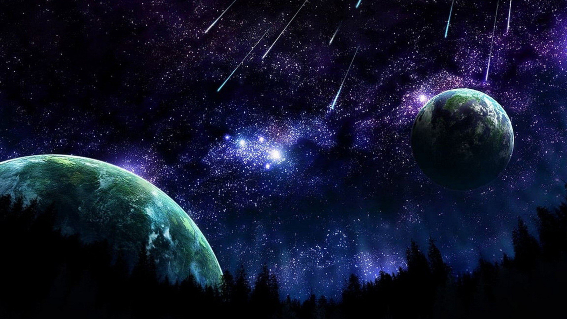 Pianeti, Stelle cadenti, Spazio, Notte, sfondo Full HD per desktop