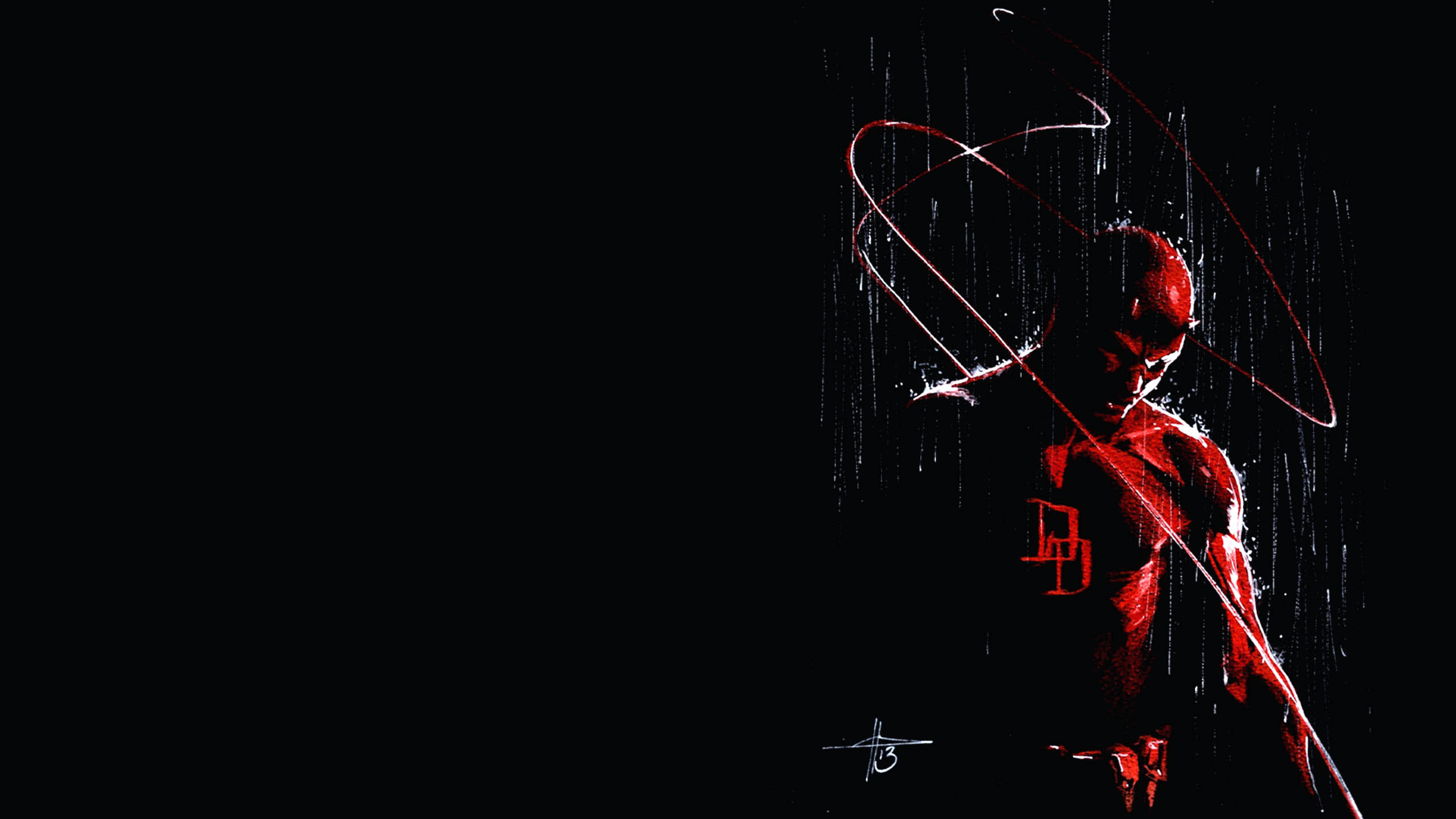 Daredevil, Pioggia, Arte digitale, Sfondo nero, 2K, wallpaper per portatile