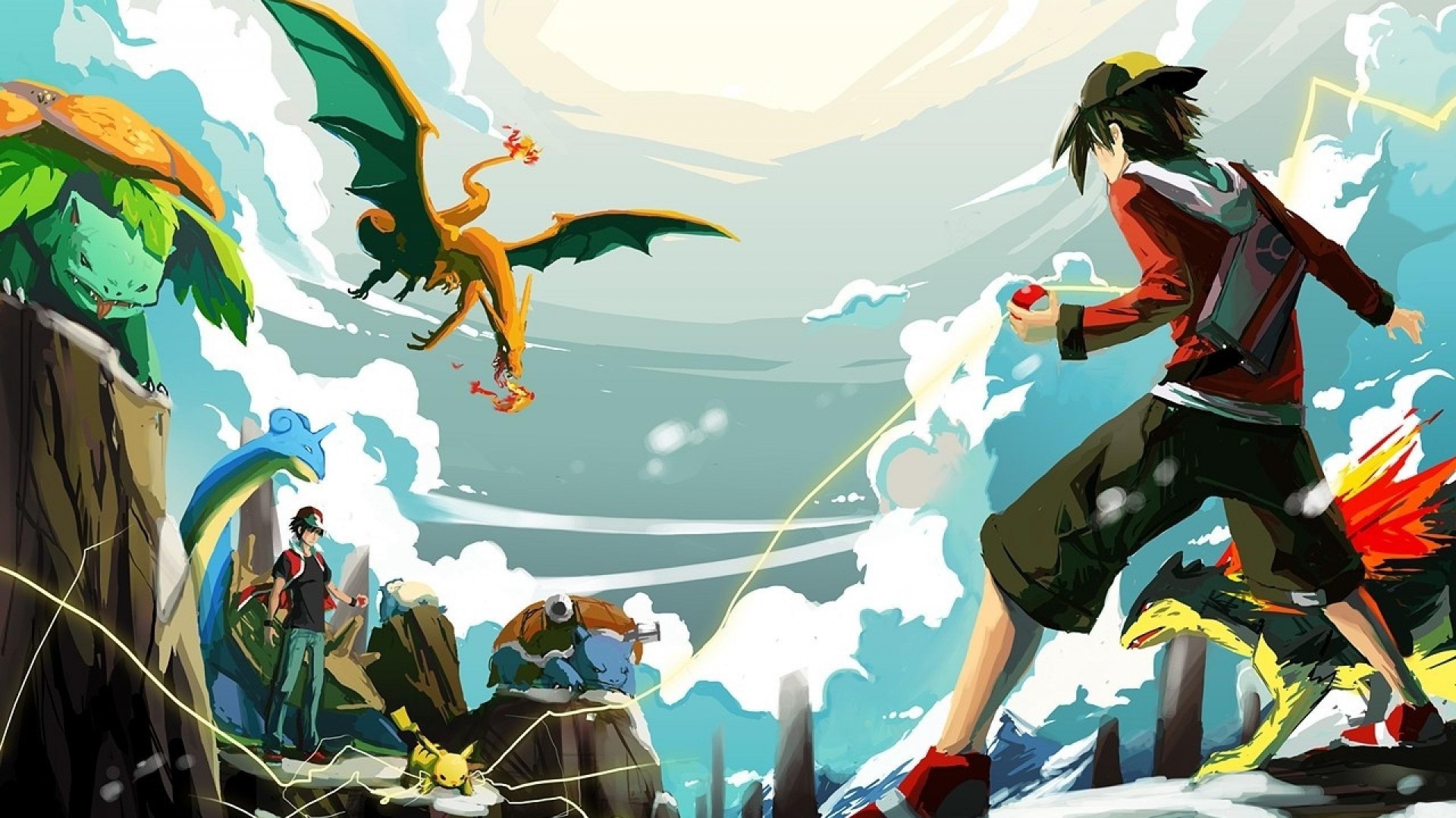 Rosso, Charizard, Venusaur, Blastoise, Pokémon, Battaglia, Full HD 1080p, sfondo desktop