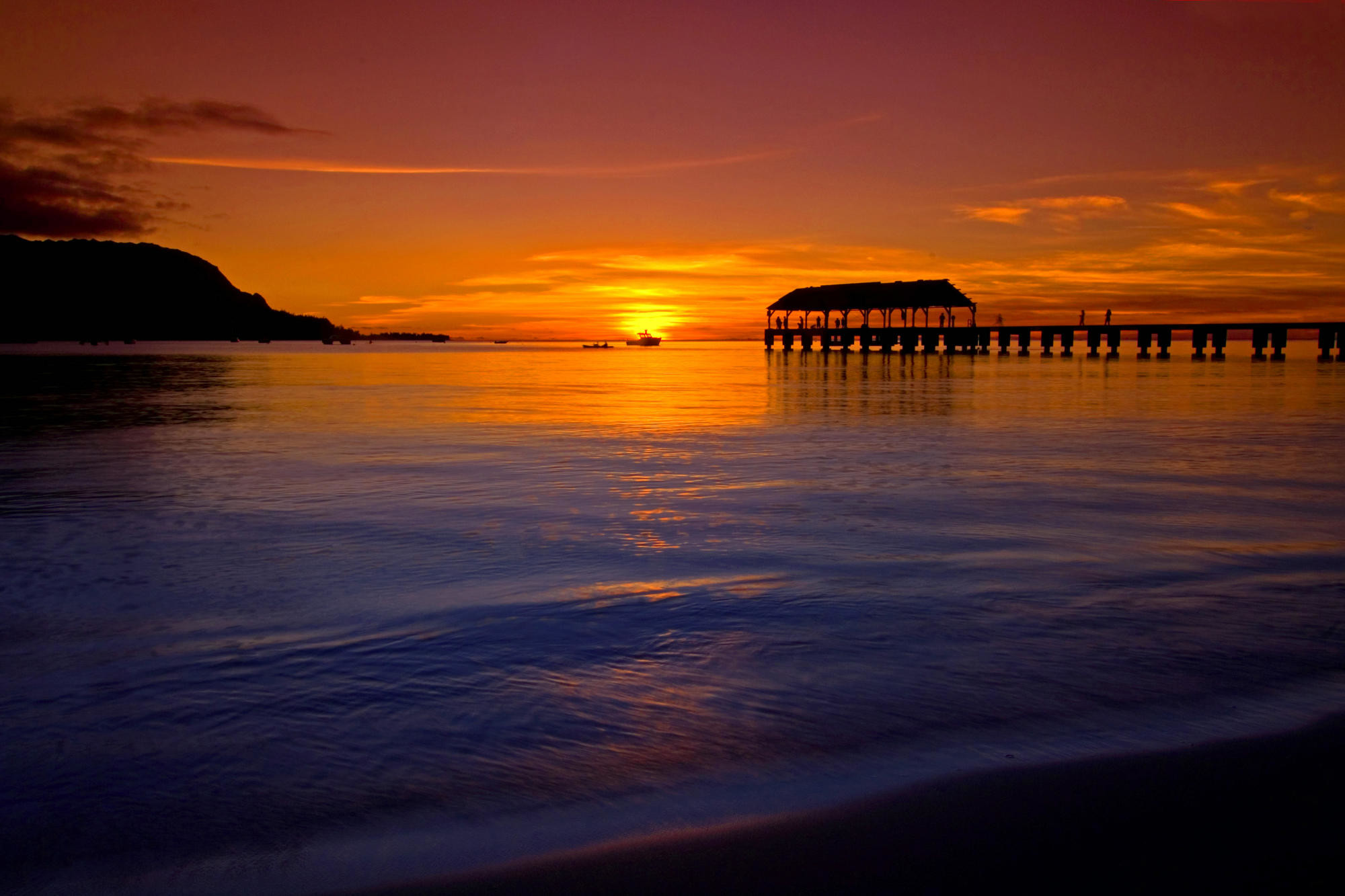 Molo, Tramonto sul mare, Baia, Arancione, Full HD, sfondo per PC