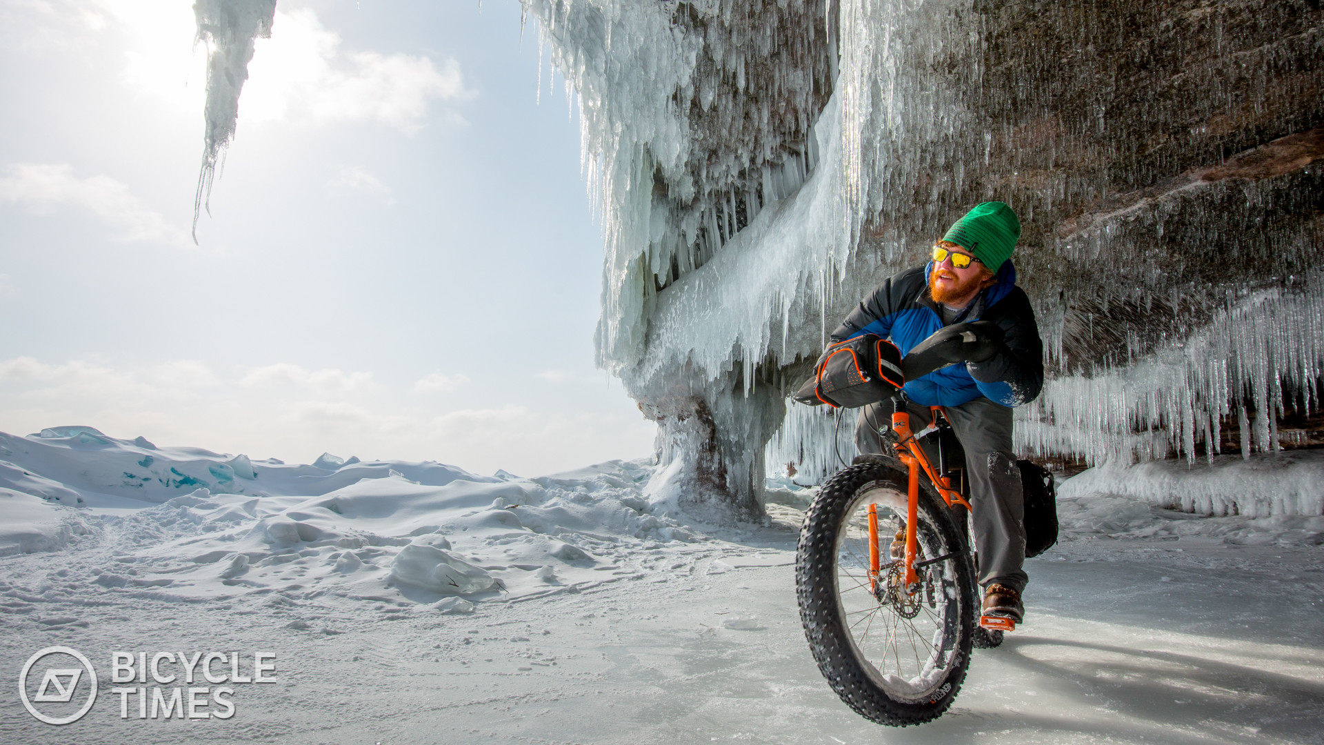 Fat bike, Ciclista, Ghiaccio, Neve, Inverno, Stalattiti di ghiaccio, sfondo desktop