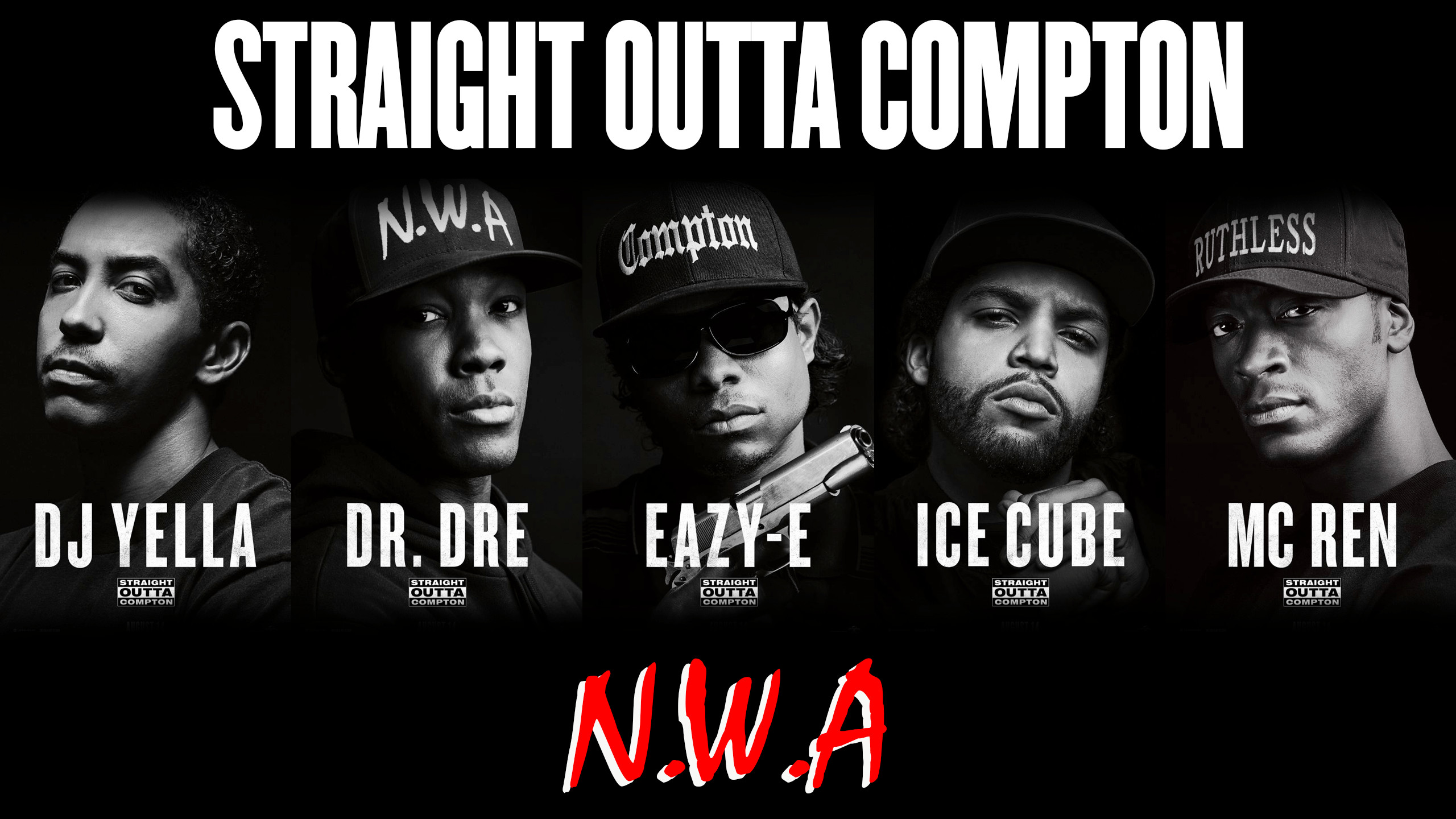 Straight Outta Compton, N.W.A, DJ Yella, Dr. Dre, Eazy-E, Ice Cube, MC Ren, sfondo widescreen 2K