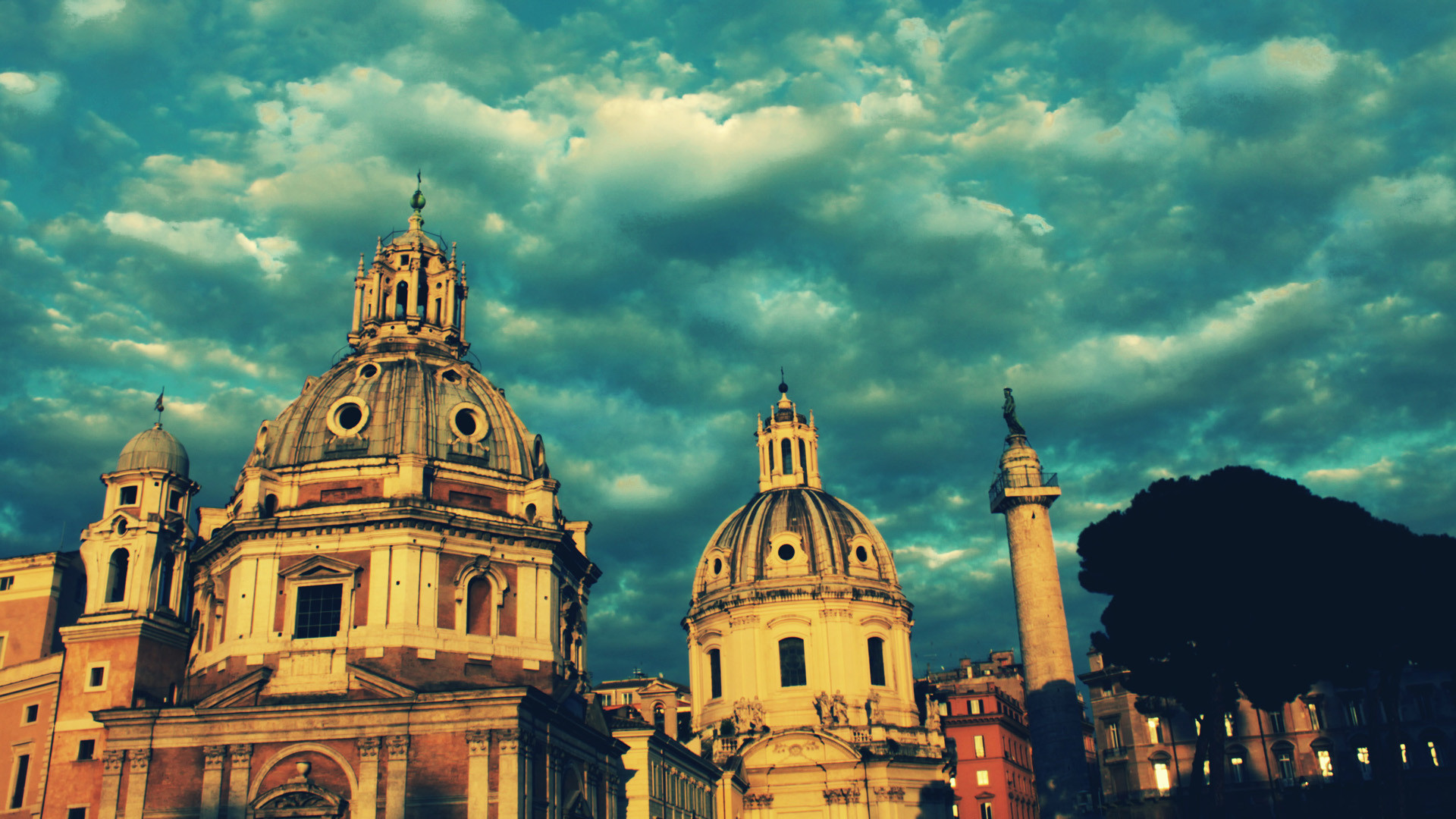 Santa Maria di Loreto, Colonna Traiana, Roma, Cupole, Cielo nuvoloso, sfondo Windows 11