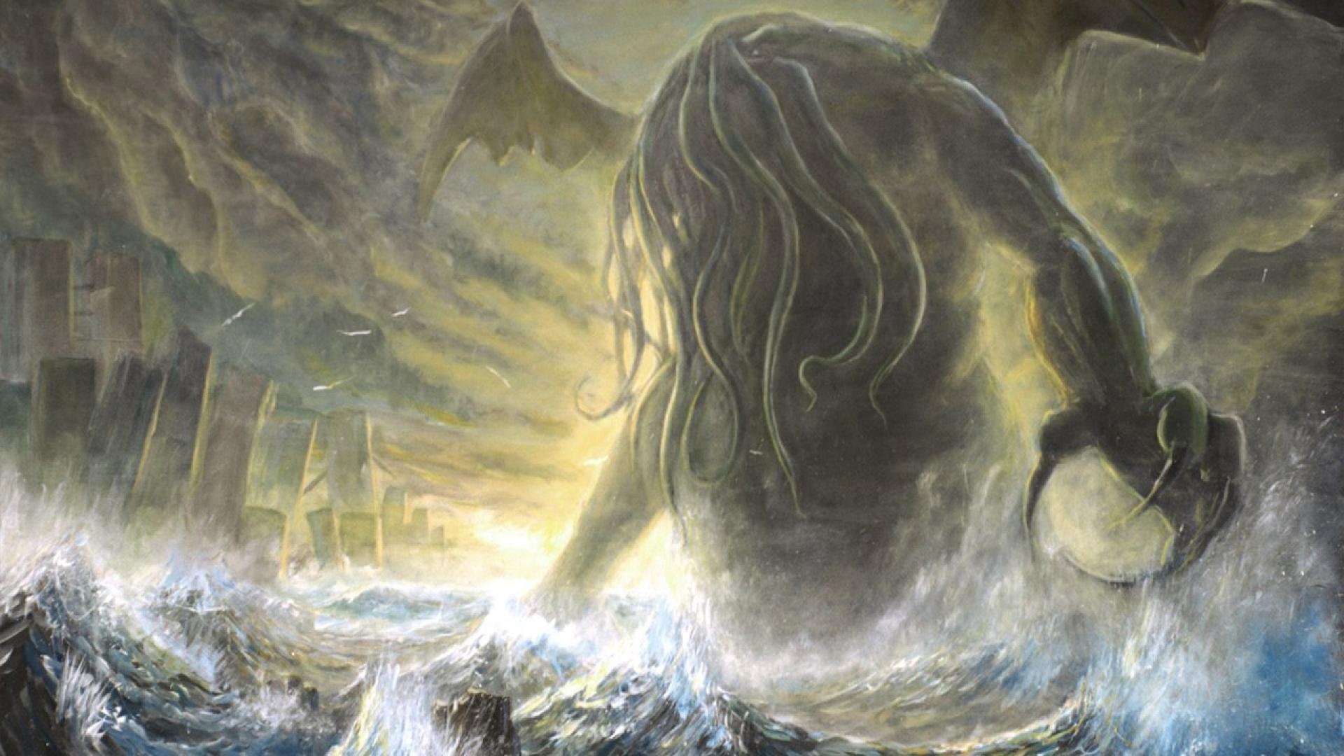 Cthulhu, Tempesta, Onde, Illustrazione, Full HD, sfondo per PC e portatile
