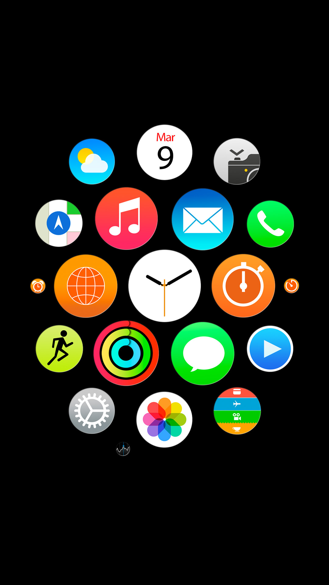 Apple Watch, watchOS, Icone app, Sfondo nero, schermata di blocco iPhone