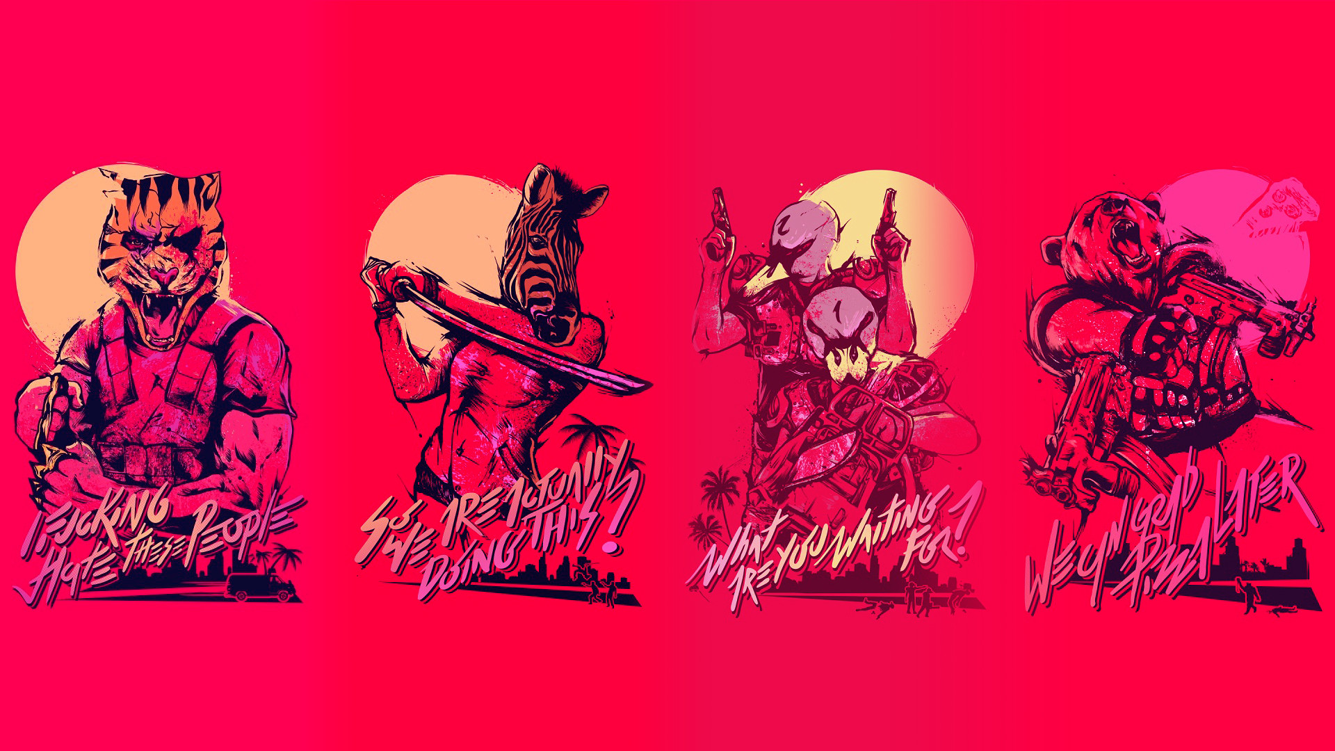 Hotline Miami 2: Wrong Number, Maschere animali, Poster, Sfondo rosso, wallpaper 1920x1080