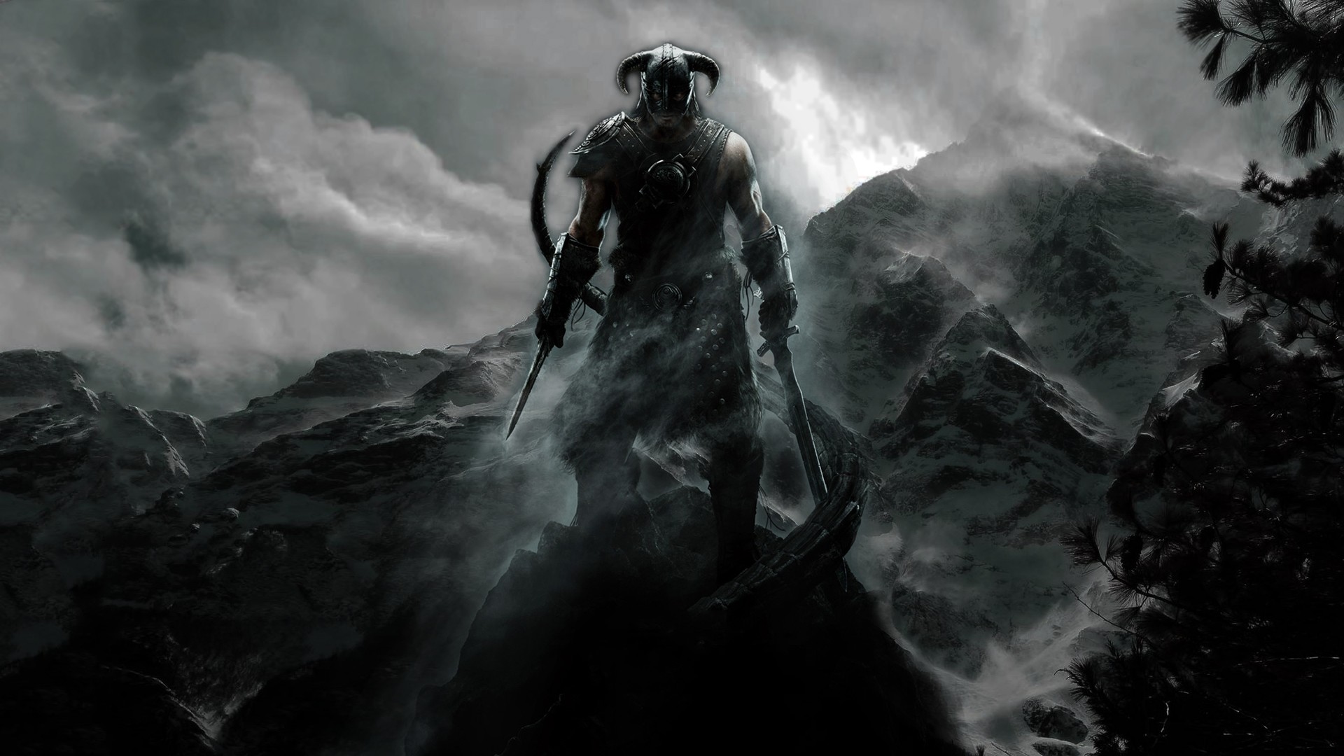 Dovahkiin, The Elder Scrolls V: Skyrim, Montagne, Bianco e nero, sfondo 16:9 Full HD