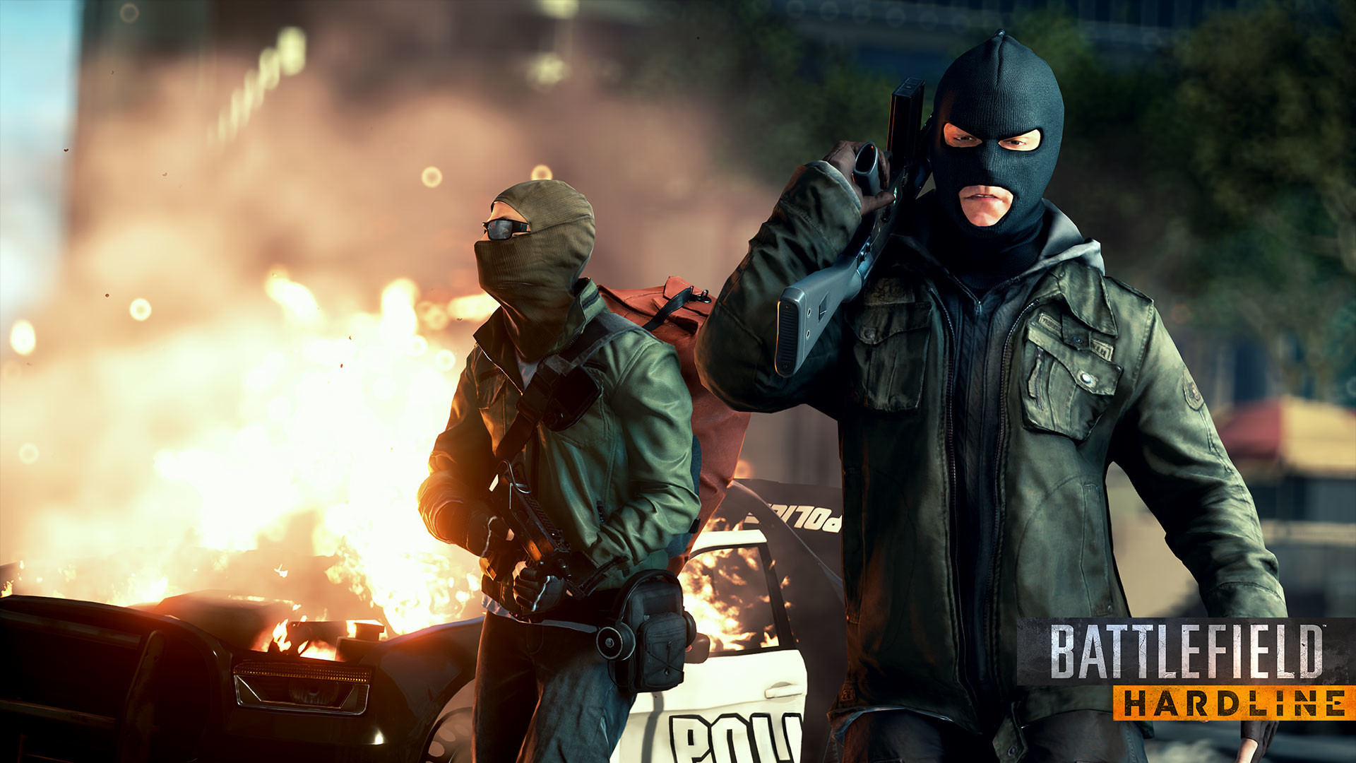 Battlefield Hardline, Rapinatori, Passamontagna, Fuoco, Auto della polizia, sfondo desktop 1920x1080