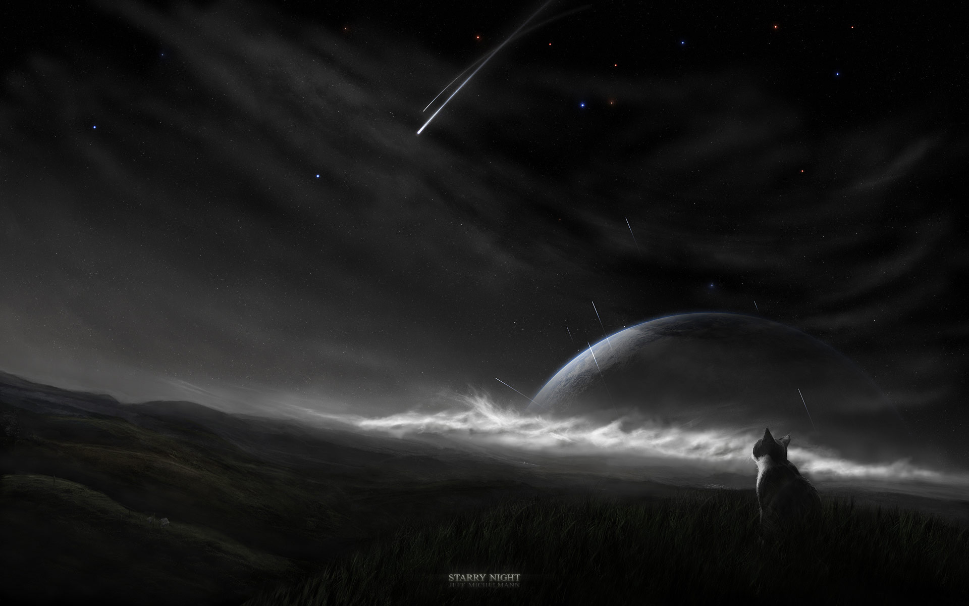 Pianeta, Stella cadente, Gatto, Fantasy, Bianco e nero, 16:10 Full HD, sfondo widescreen