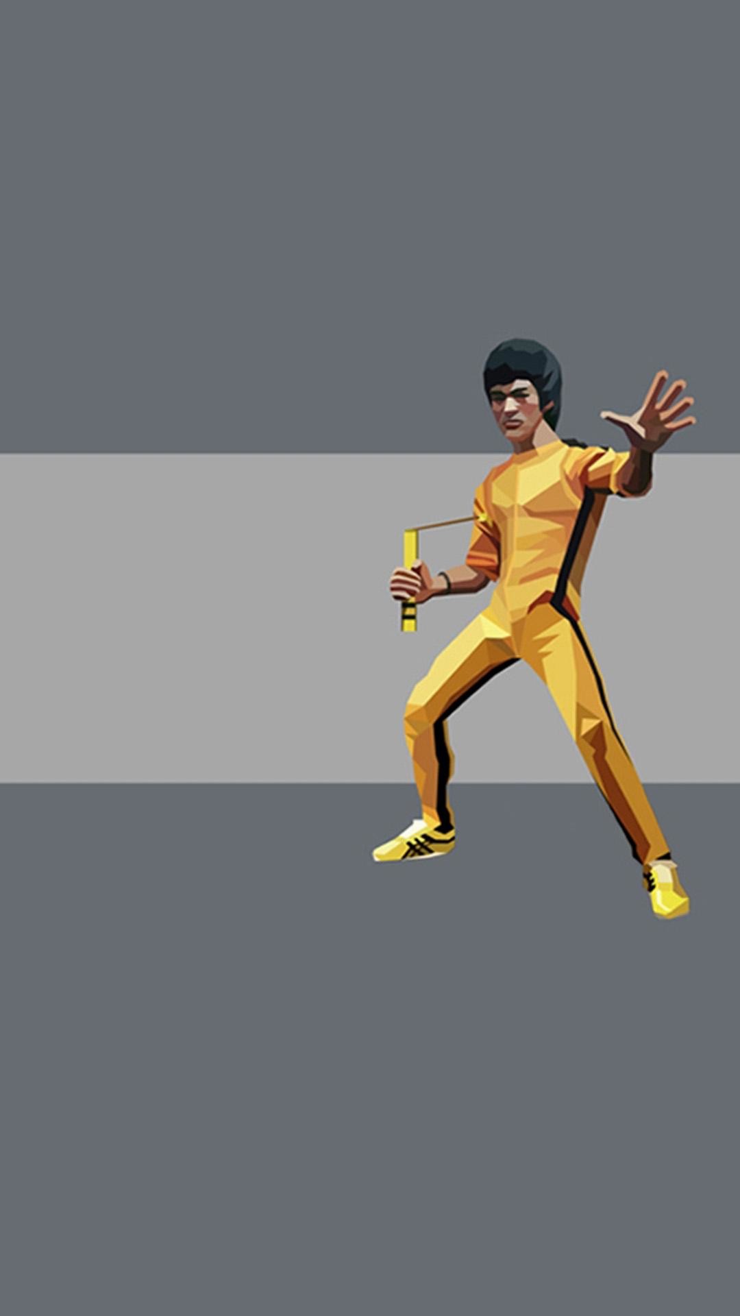 Bruce Lee, Nunchaku, Tuta gialla, Sfondo grigio, Full HD, schermata di blocco del cellulare