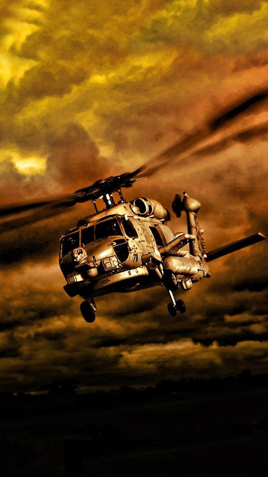 Elicottero militare, Sikorsky UH-60 Black Hawk, Tramonto, Nuvole, schermata di blocco smartphone