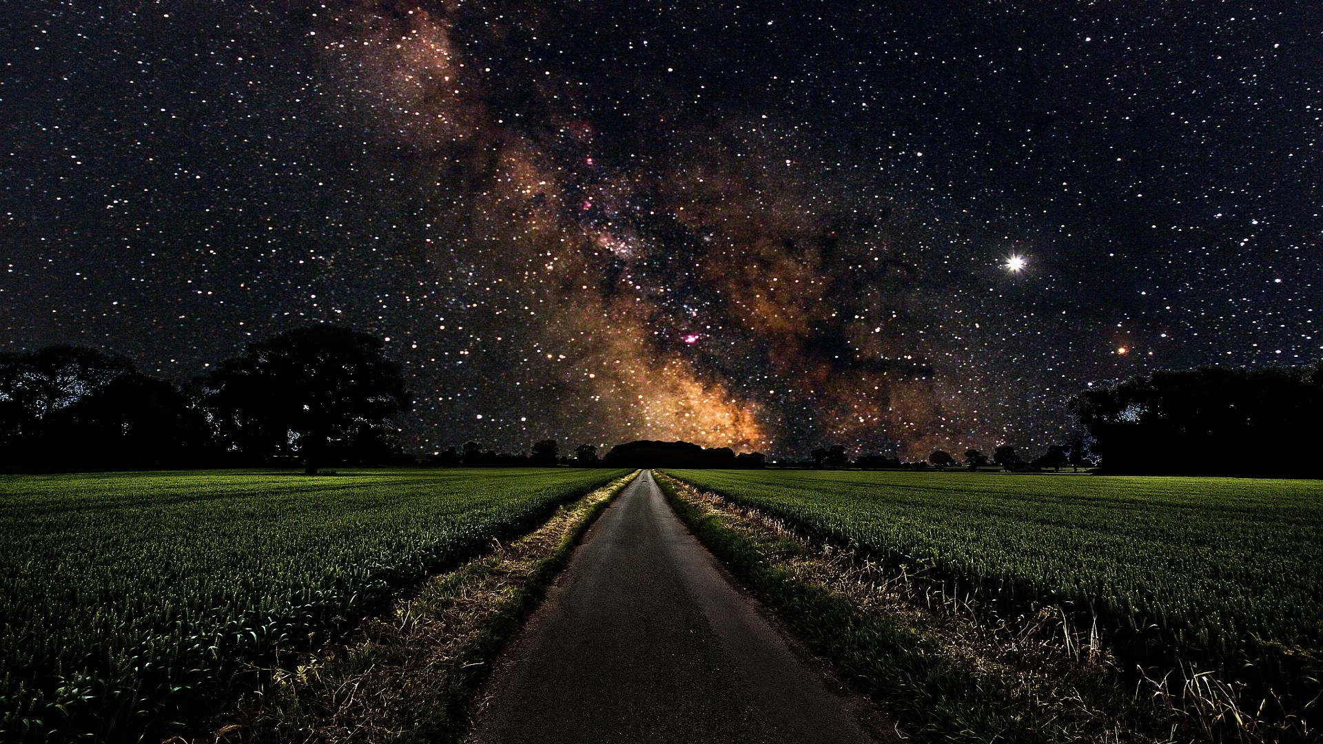Via Lattea, Strada di campagna, Campi, Notte, 16:9 Full HD, sfondo widescreen