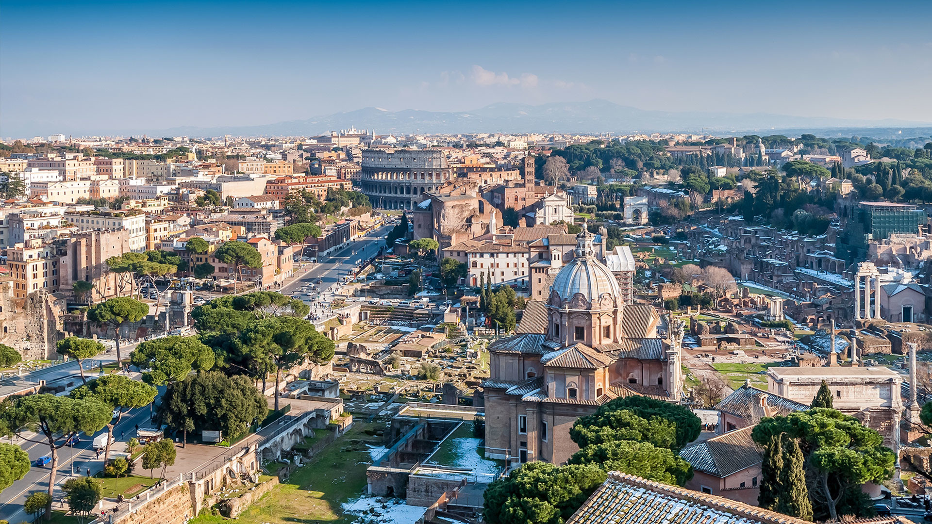 Foro Romano, Colosseo, Roma, Vista aerea, Panorama, 1920x1080, sfondo per PC