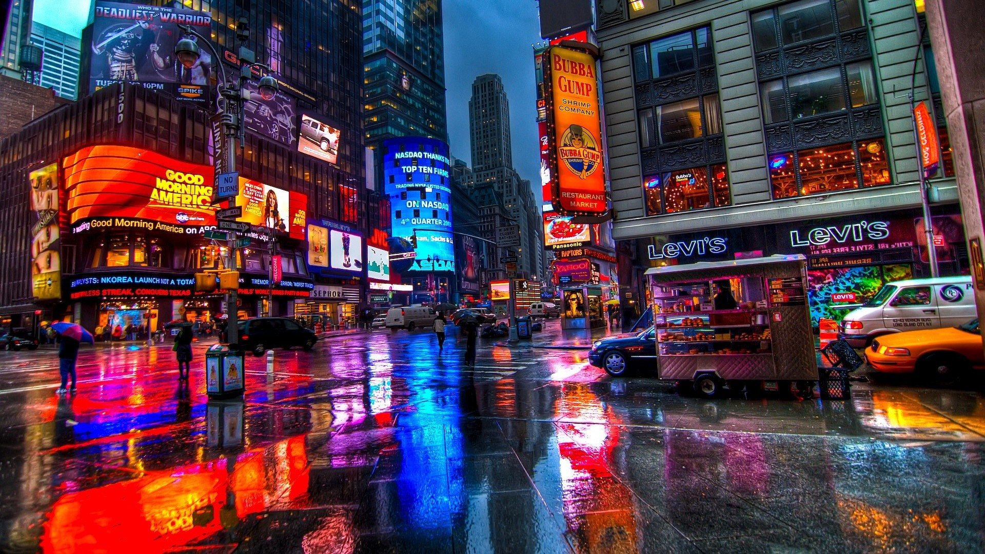 Times Square, New York, Pioggia, Insegne luminose, 1920x1080, sfondo per PC