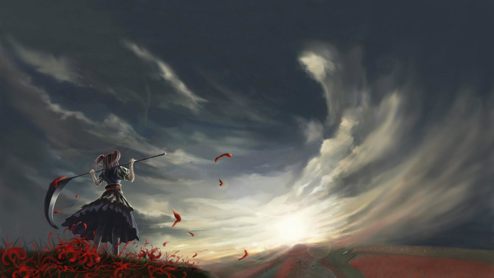 Ragazza anime, Falce, Nuvole, Petali rossi, Full HD 1080p, sfondo desktop