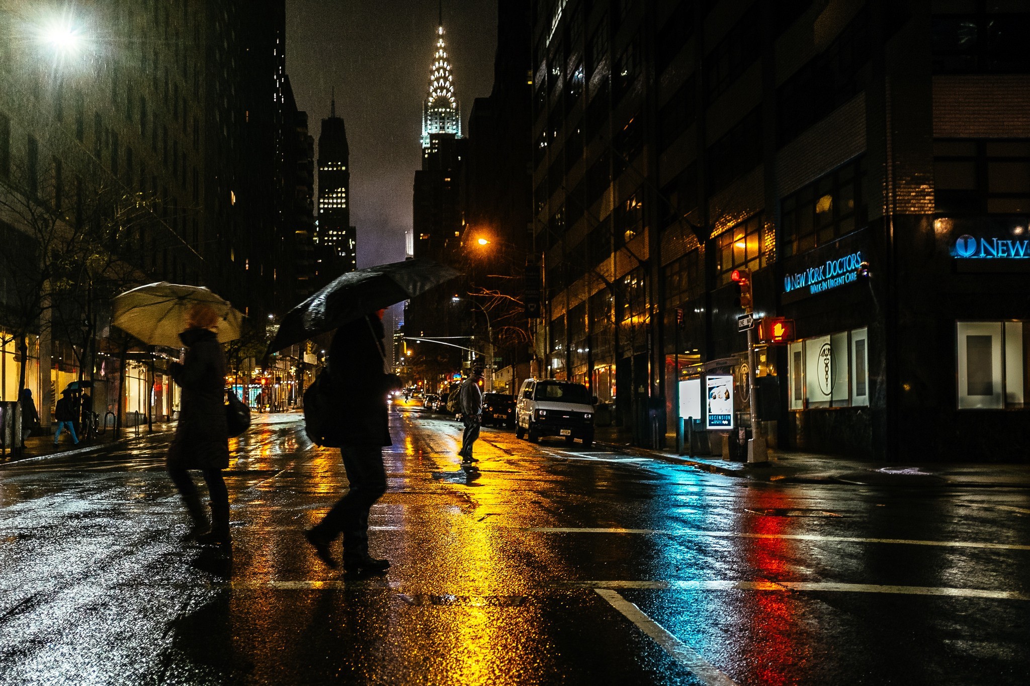 Chrysler Building, Manhattan, New York, Pioggia, Notte, Full HD, wallpaper desktop