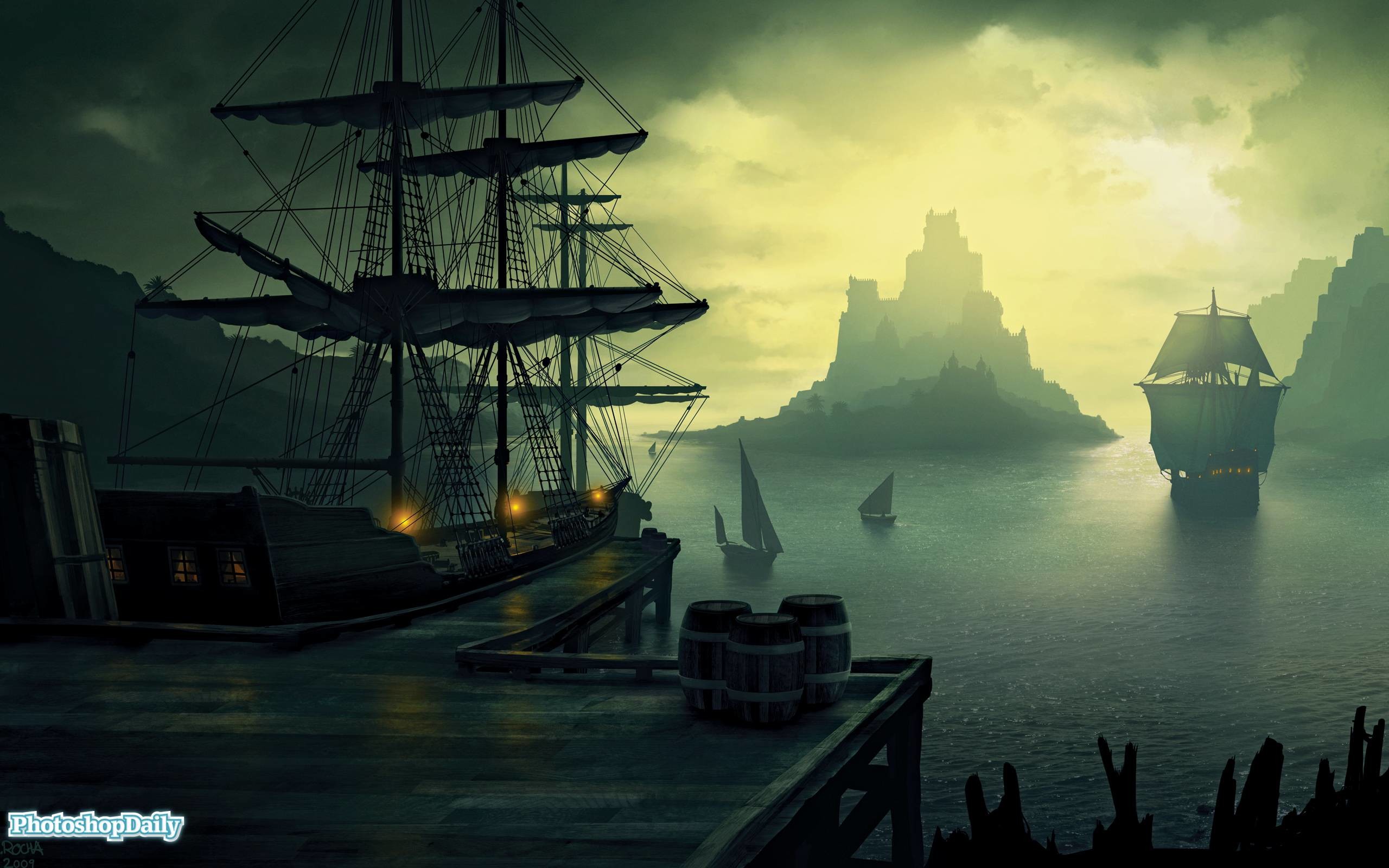 Navi pirata, Porto, Molo, Barili, Crepuscolo, 2560x1600, immagine di sfondo
