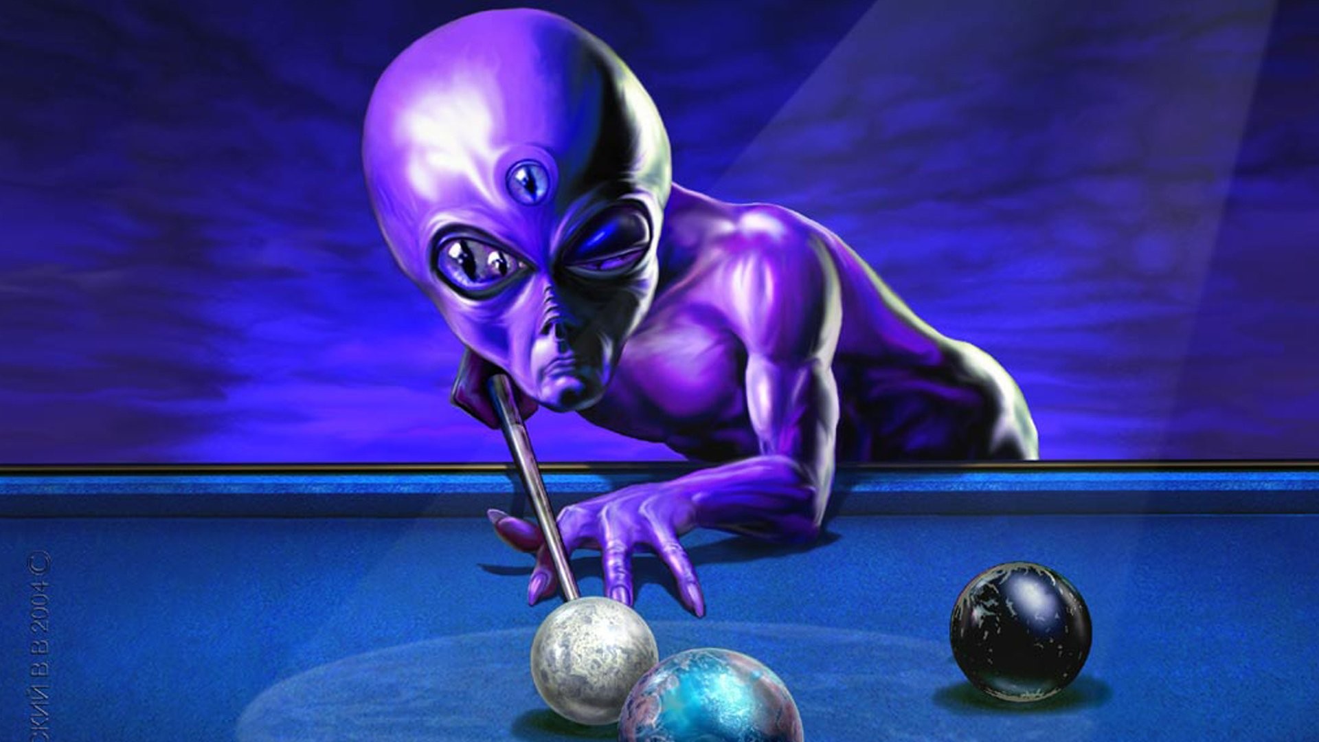 Alieno, Biliardo, Viola, Arte digitale, Umoristico, Full HD, sfondo desktop