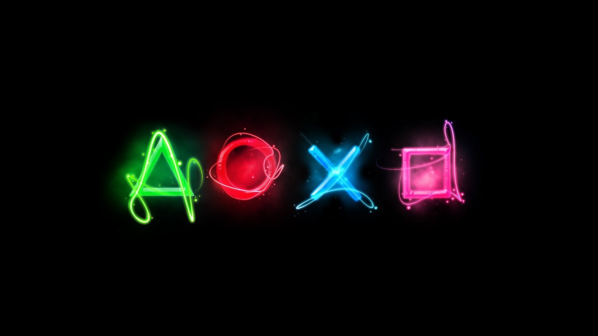 PlayStation, Simboli PlayStation, Neon, Sfondo nero, Full HD, wallpaper per computer