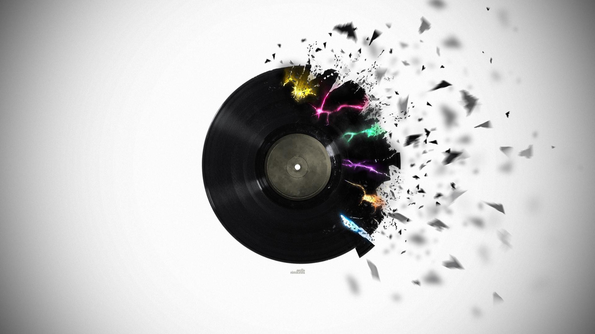 Disco in vinile, Musica, Esplosione, Sfondo bianco, Full HD, wallpaper desktop