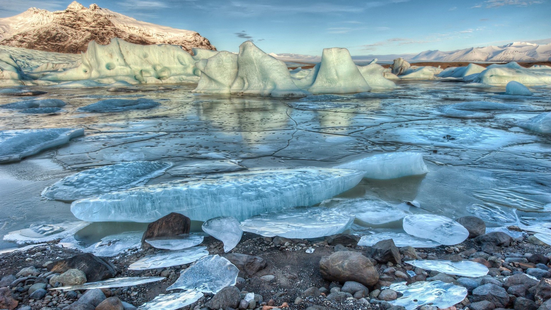 Islanda, Ghiaccio, Iceberg, Costa, 16:9 Full HD, sfondo widescreen