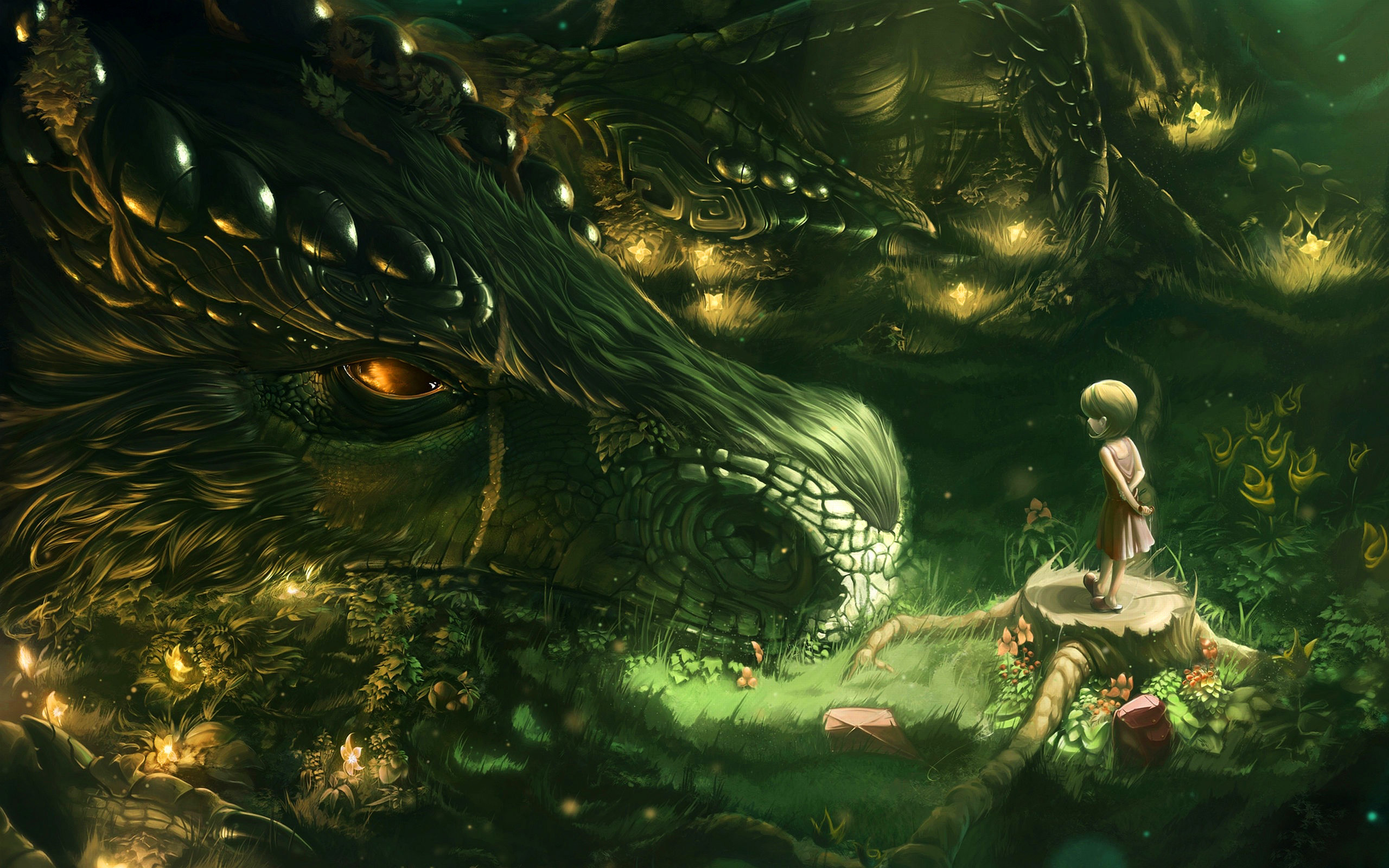 Drago, Bambina, Foresta incantata, Arte fantasy, Verde, 2K, sfondo per portatile