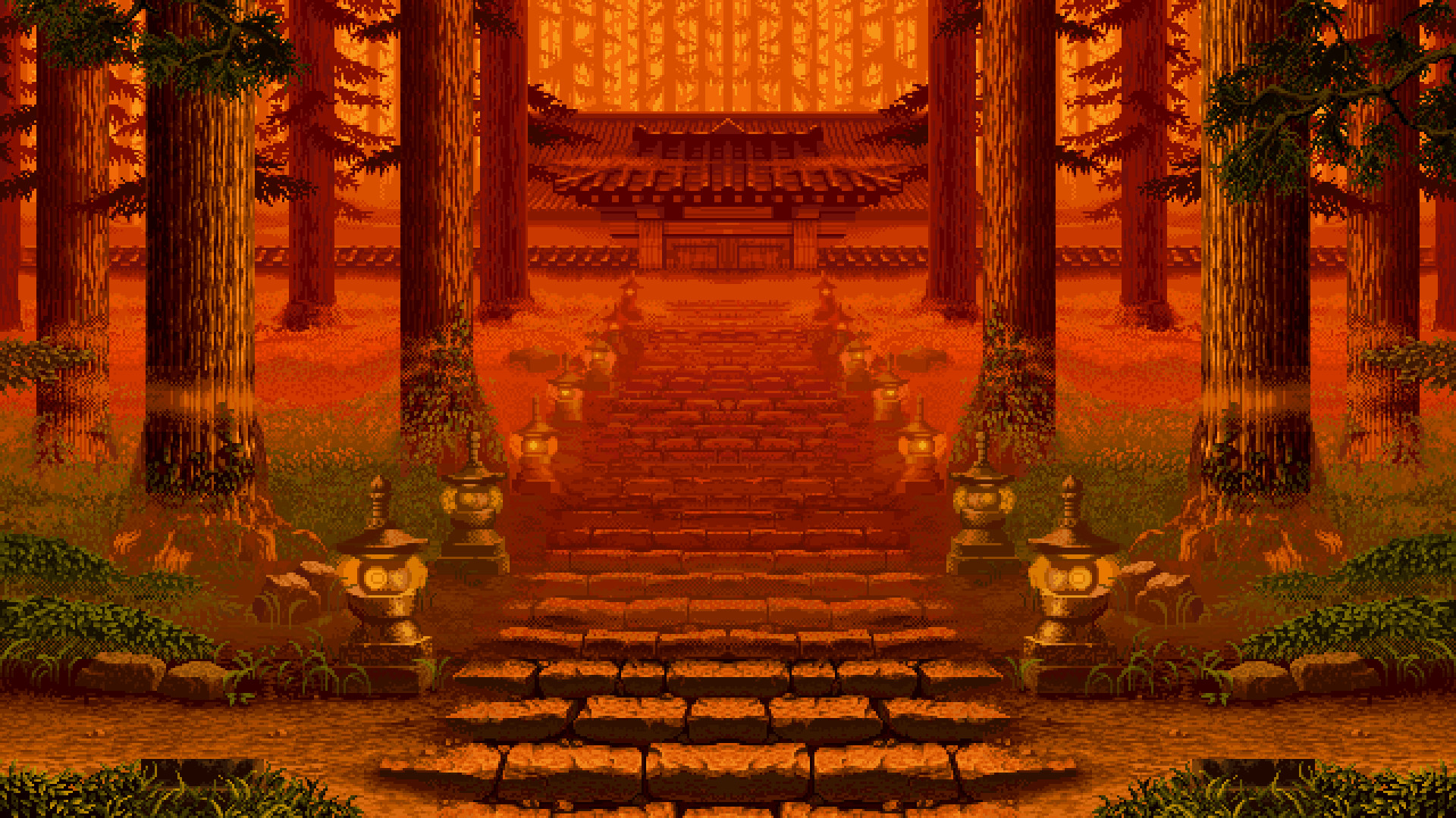 Tempio antico, Scalinata, Pixel art, Arancione, Full HD, wallpaper per portatile