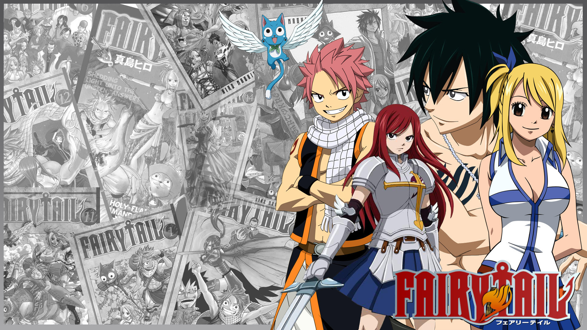 Natsu Dragneel, Erza Scarlet, Gray Fullbuster, Lucy Heartfilia, Fairy Tail, Logo, sfondo per PC