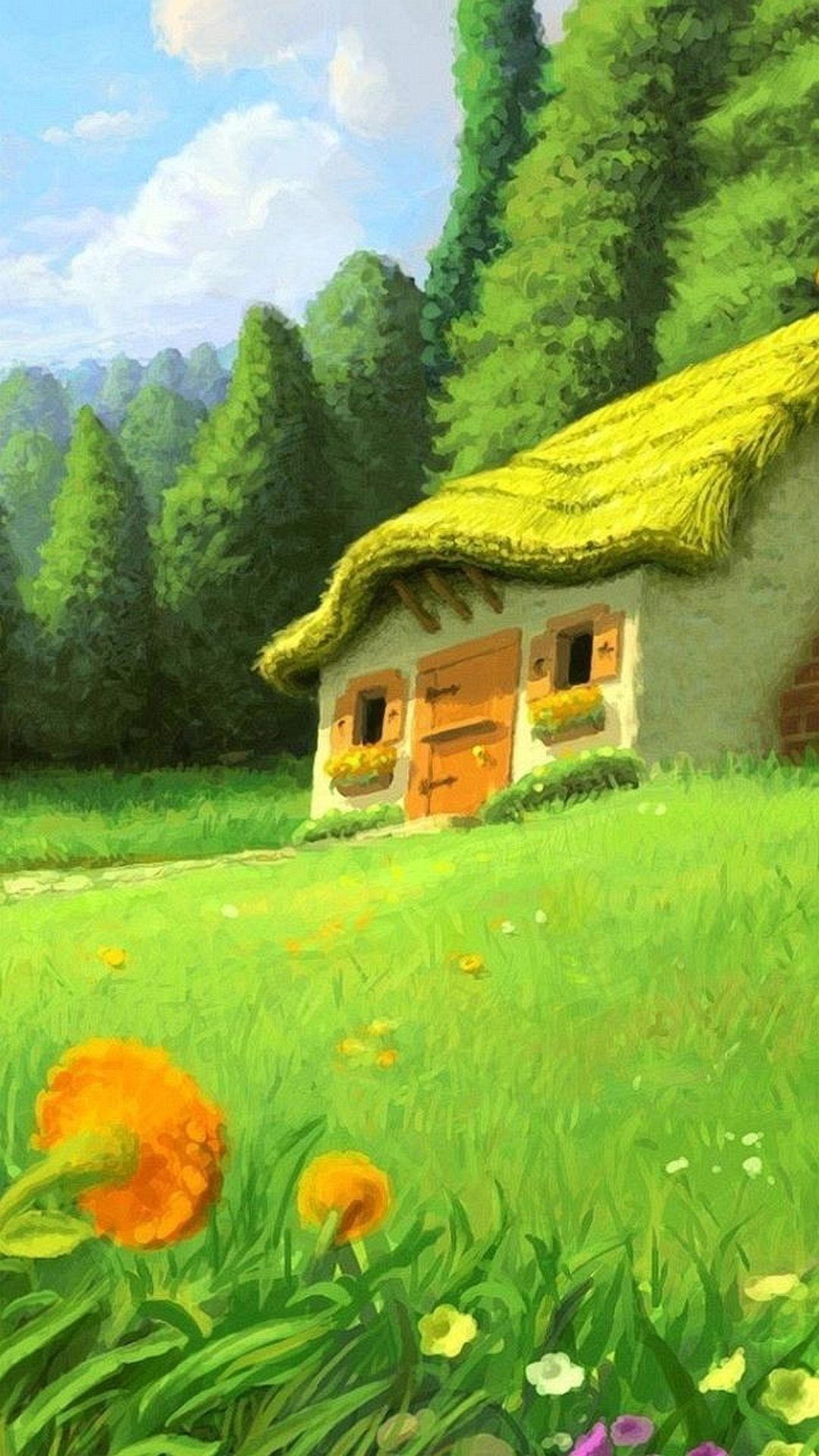 Casetta, Prato, Foresta, Illustrazione, Full HD, sfondo per smartphone