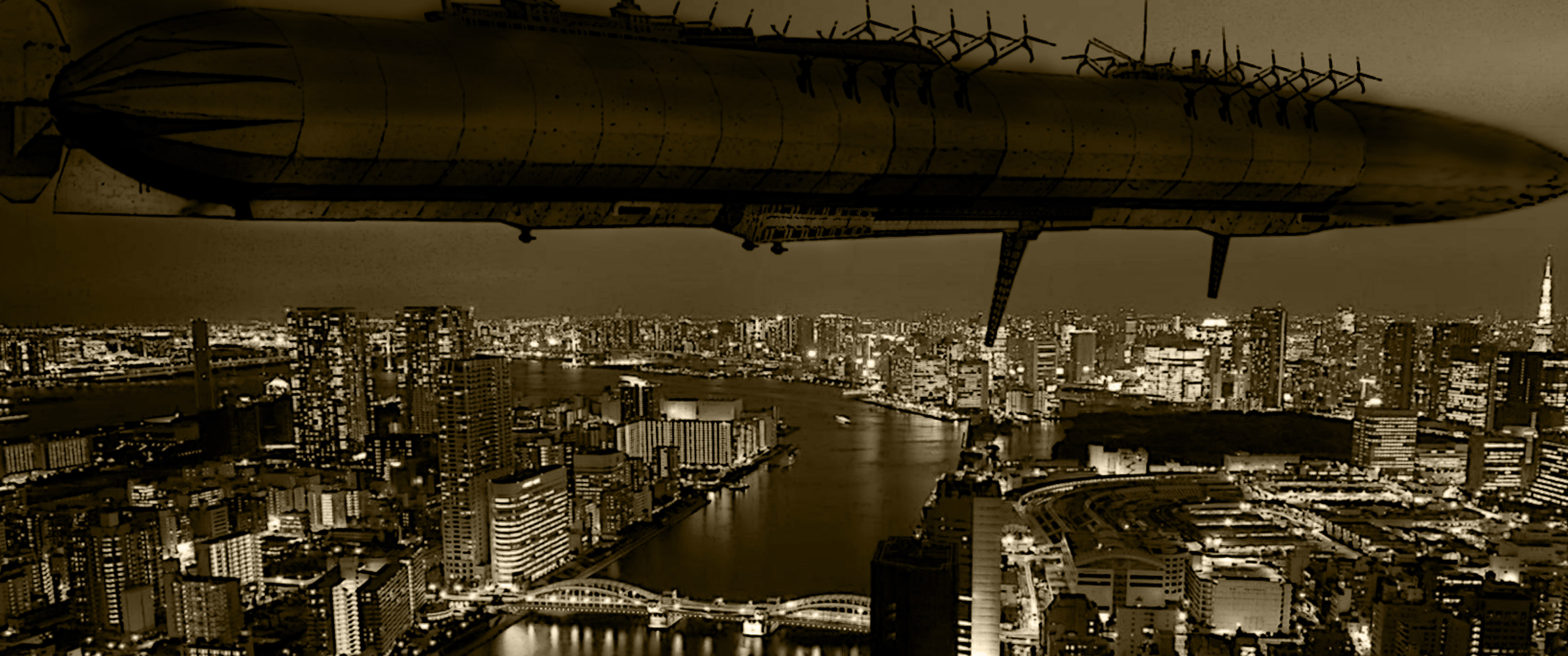 Dirigibile, Città notturna, Seppia, Steampunk, 21:9 2K, sfondo widescreen
